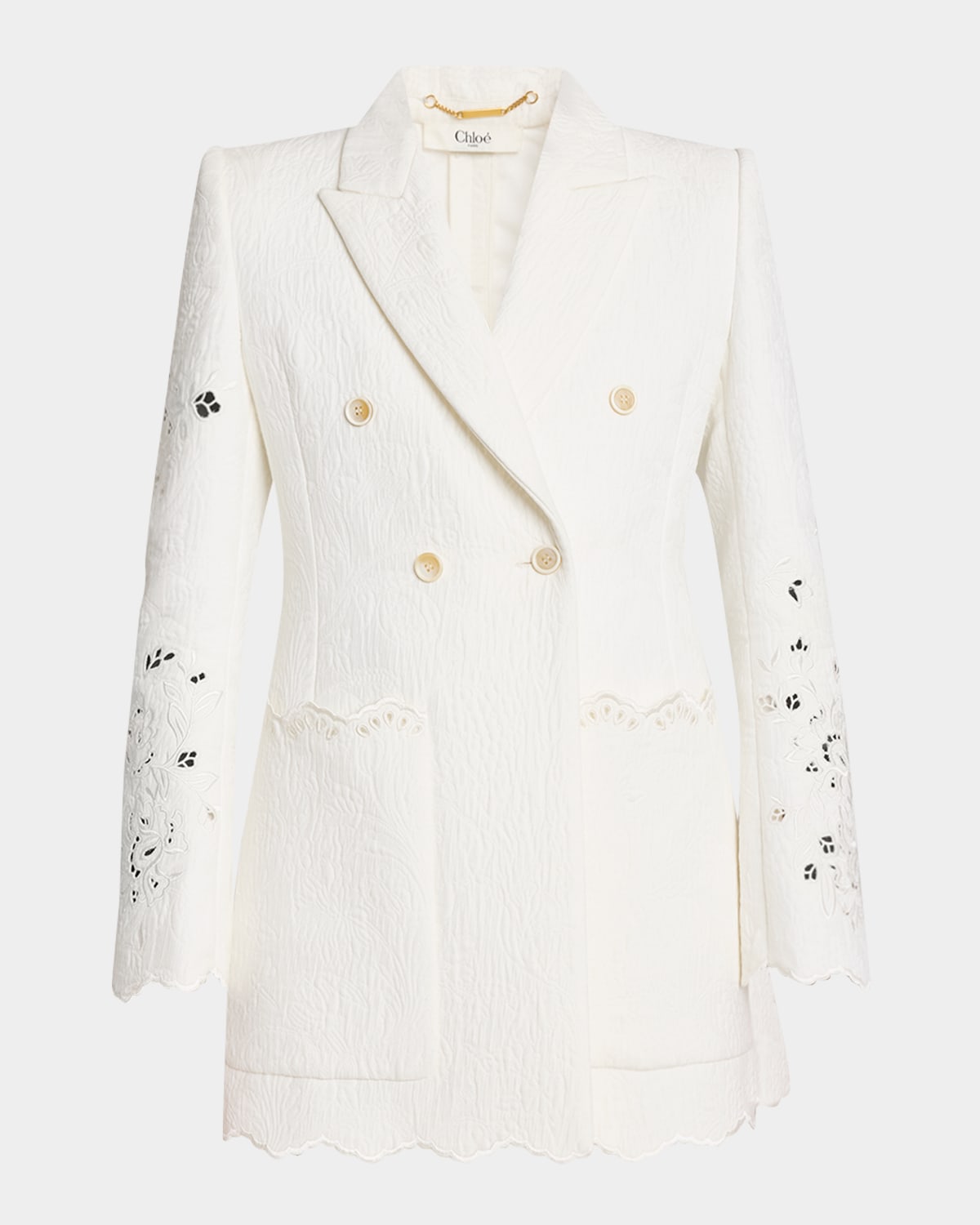 Chloé Eyelet Floral Jacquard Double Breasted Cotton Blend Jacket