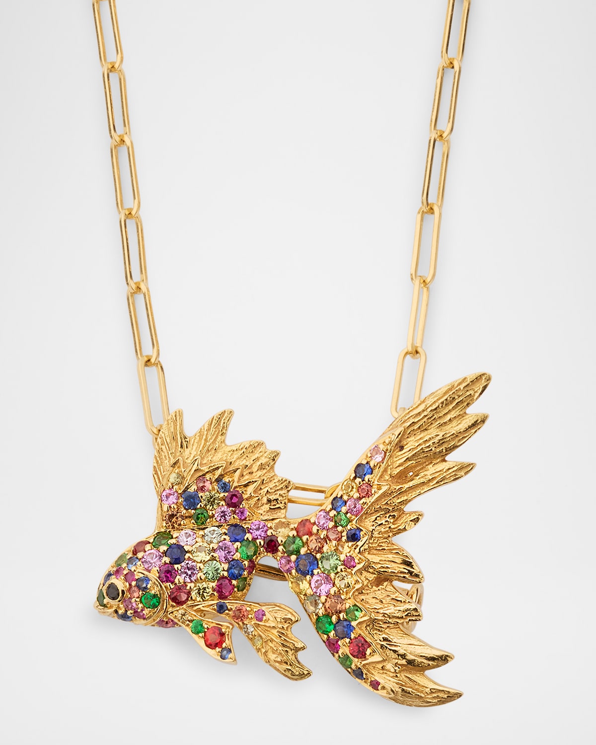 Ark 18K Yellow Gold Multi Sapphire and Onyx Fish Brooch Pendant and Chain, 18"L