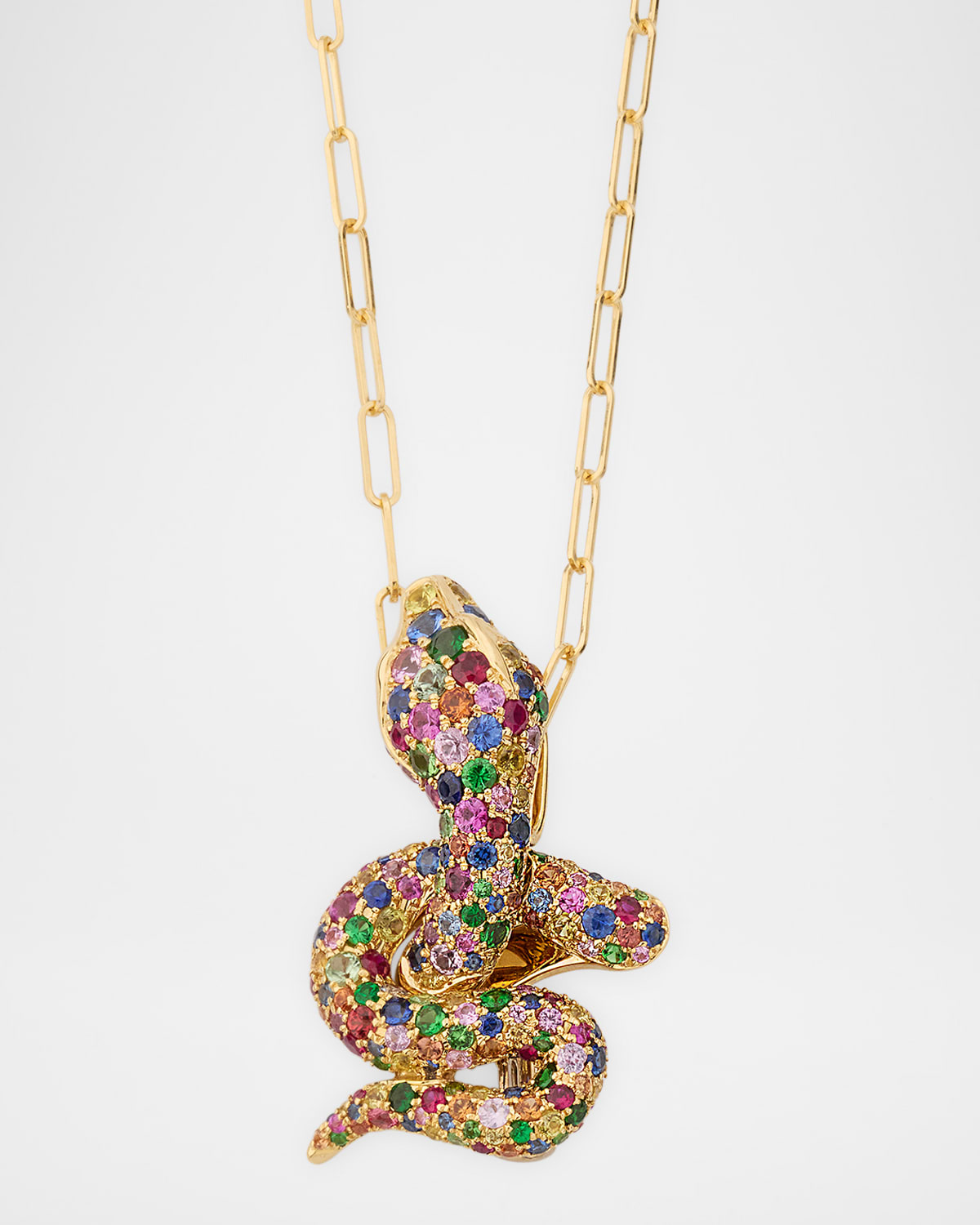 Ark 18K Yellow Gold Multi Sapphire Snake Brooch Pendant and Chain, 18"L