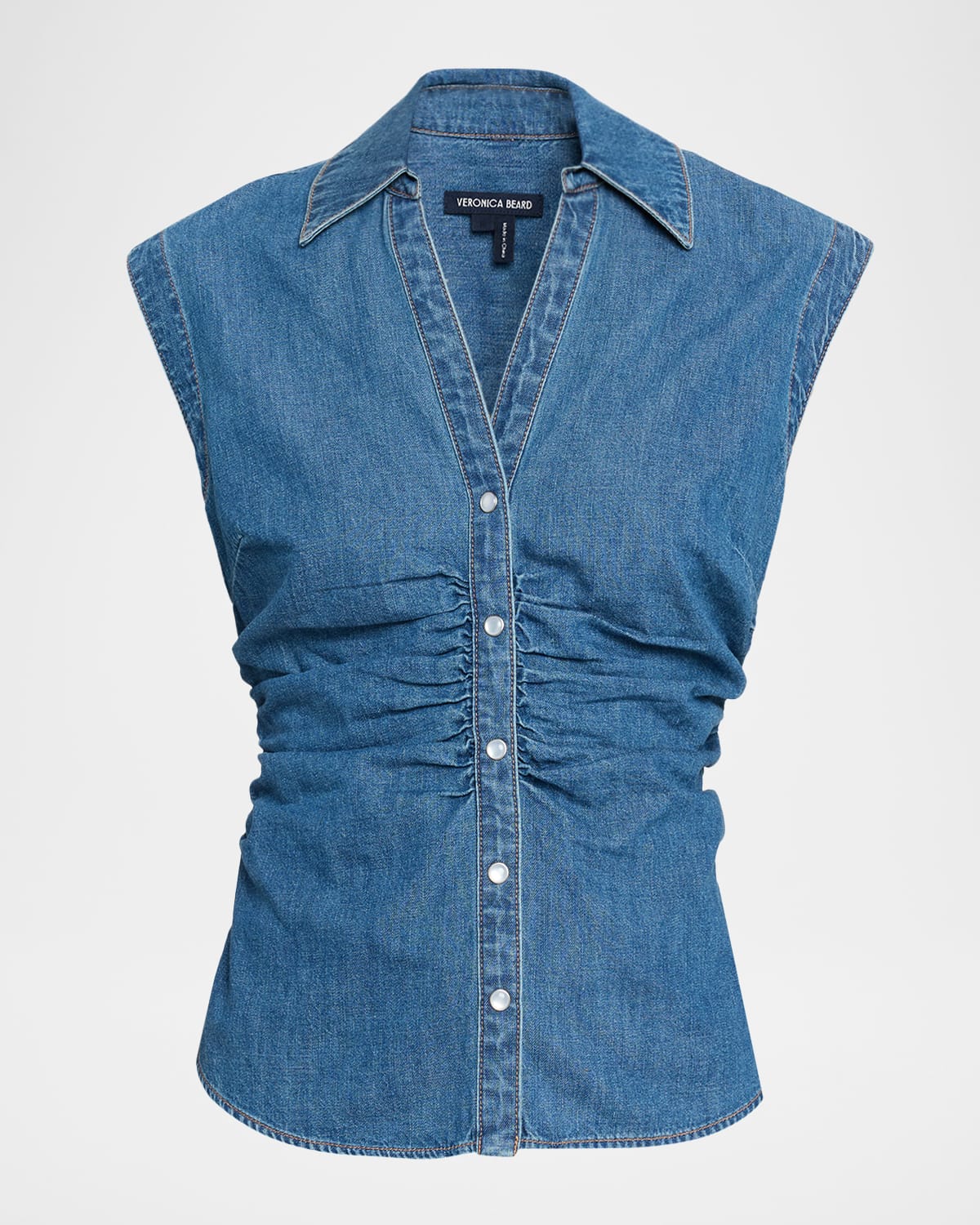 Veronica Beard Sera Center Ruched Sleeveless Denim Button-up Shirt In Blue