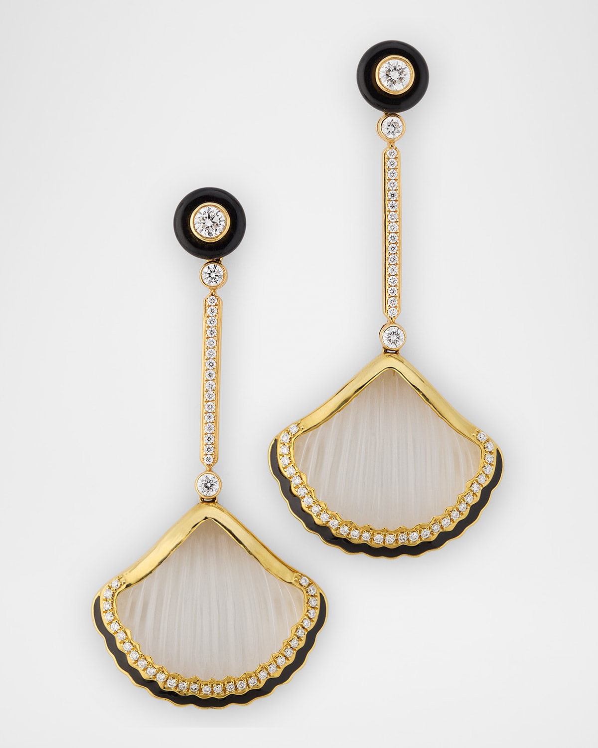 G One 18K Yellow Gold Rock Crystal Shell and Onyx Earrings with Enamel and Diamonds