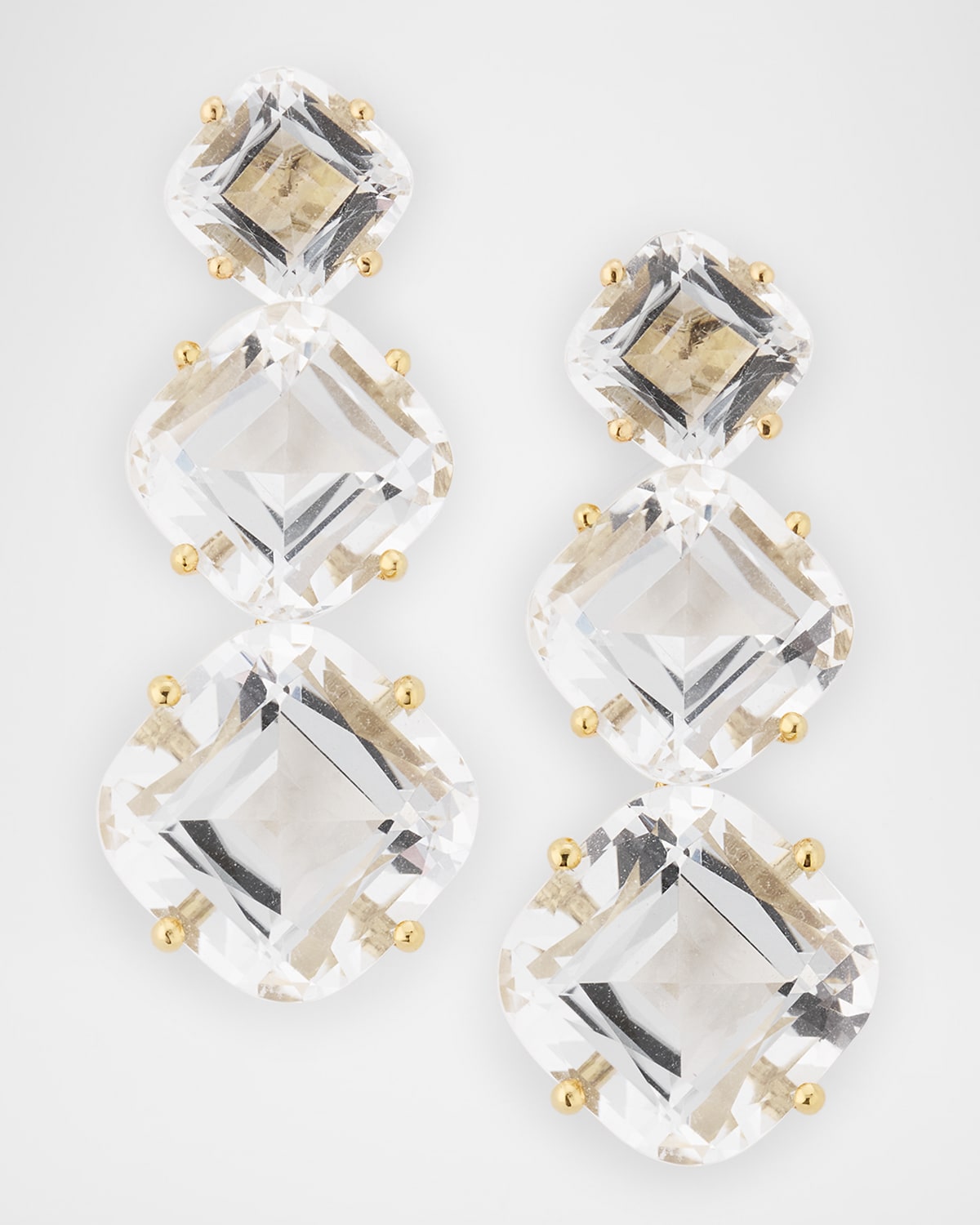 Gossip 18K Yellow Gold Rock Crystal 3 Stone Cushion Cut Earrings