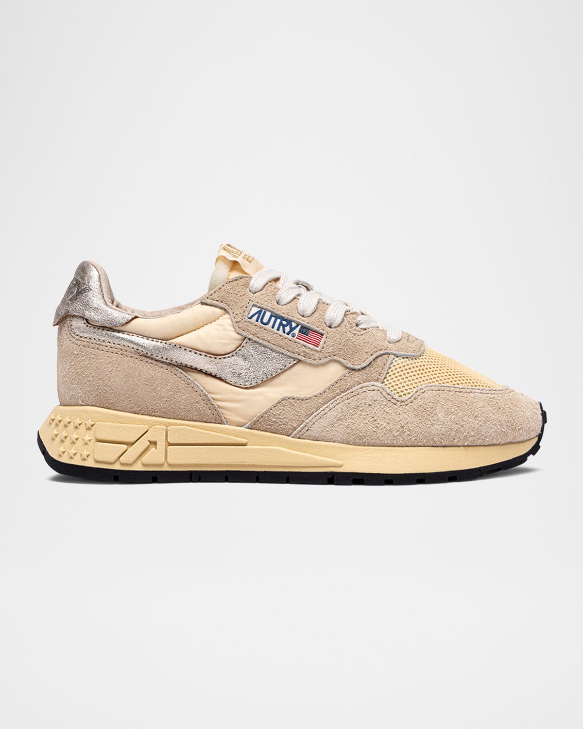 Autry Reelwind Mixed Leather Retro Trainer Sneakers In Gold