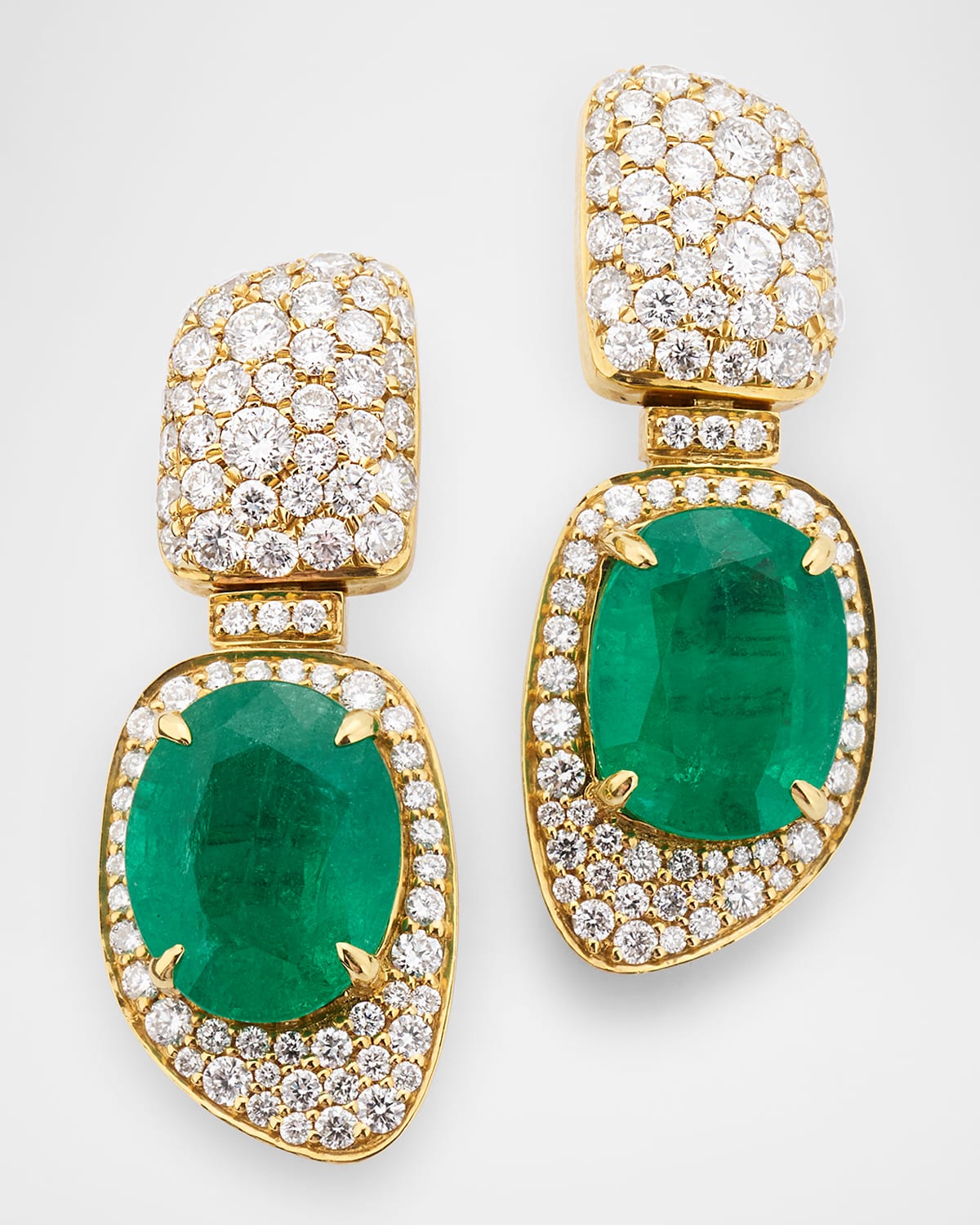 G One 18K Yellow Gold Cushion and Oval Emerald Earrings with Diamonds