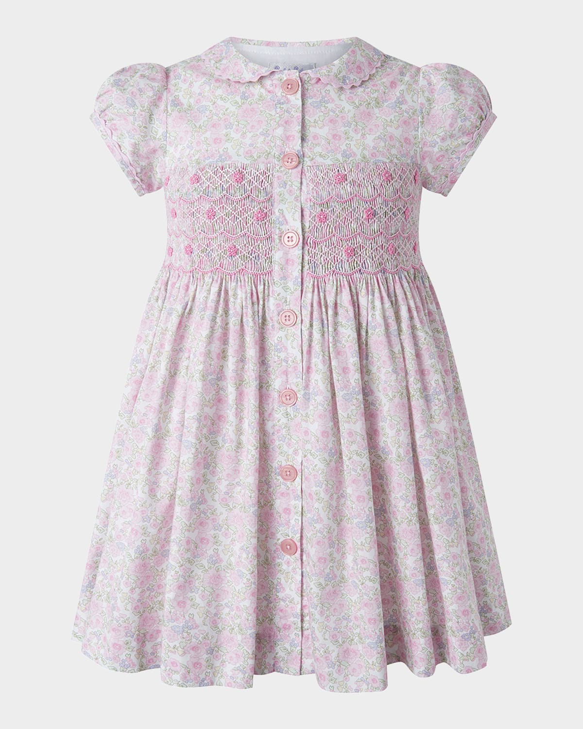 Rachel Riley Girl's Ditsy Smocked Button-front Dress And Bloomers Set In Pink