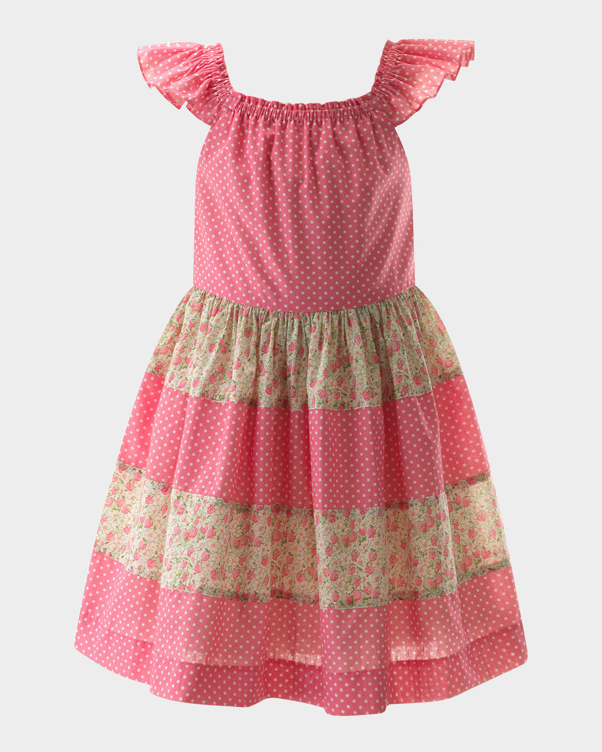 Rachel Riley Girl's Strawberry & Polka Dot Tiered Dress In Pink