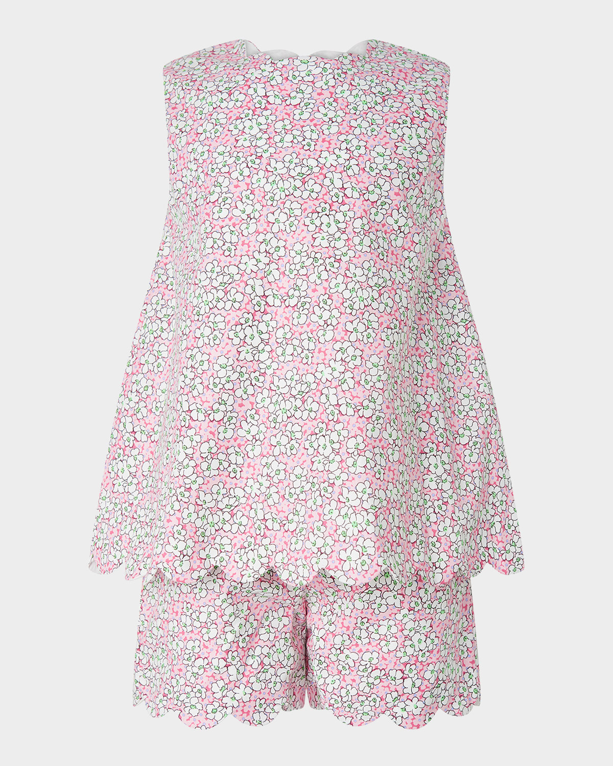 Rachel Riley Girl's Scalloped Trim Floral-print Top & Shorts Set In Pink
