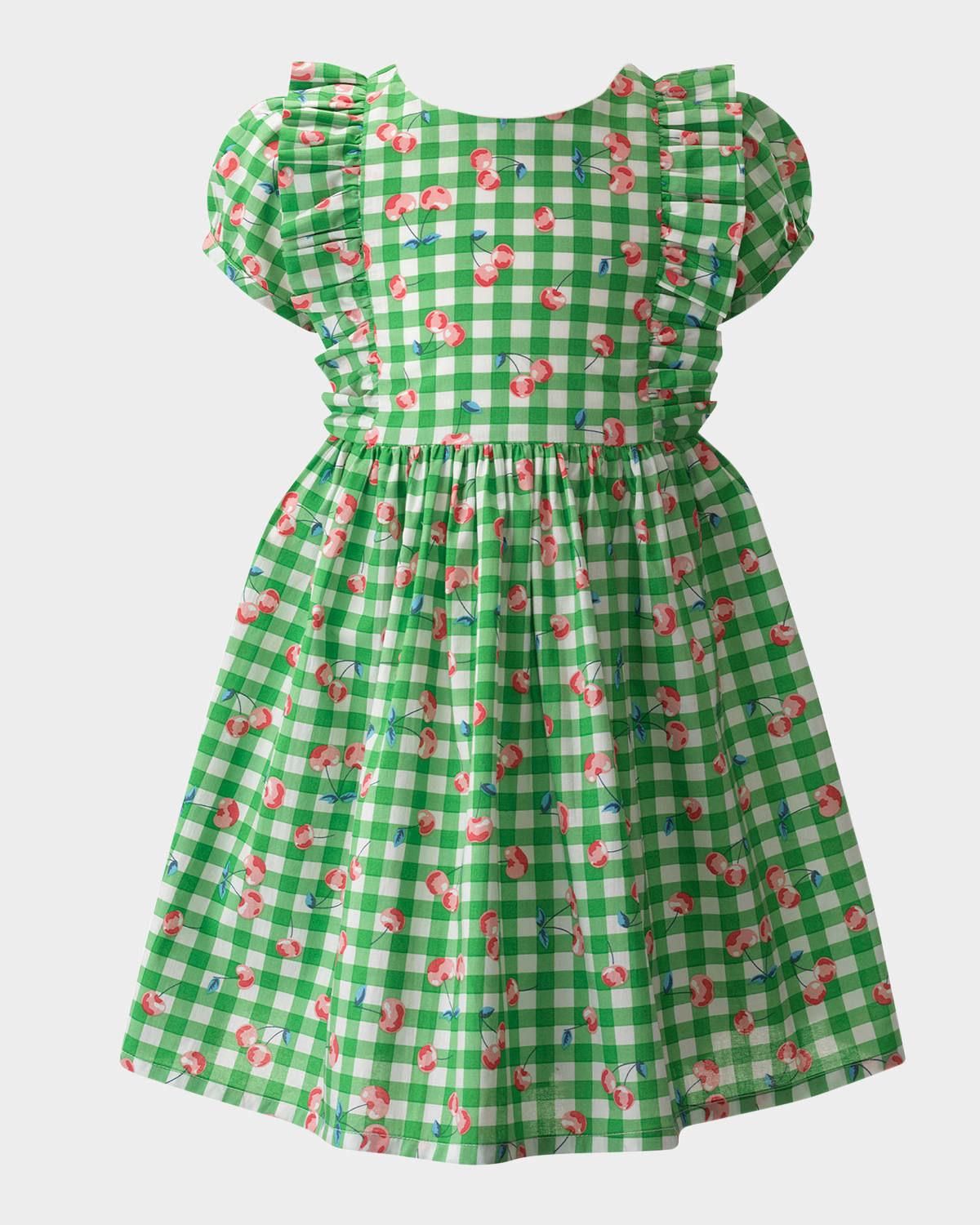 Rachel Riley Girl's Cherry Check Puff-sleeve Dress In Green