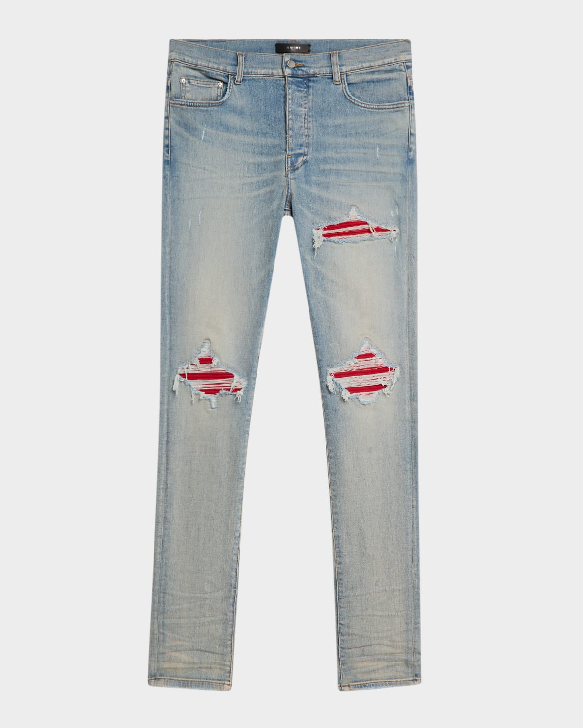 Amiri Mx1 Slim Fit Jeans With Distressed Red Accents