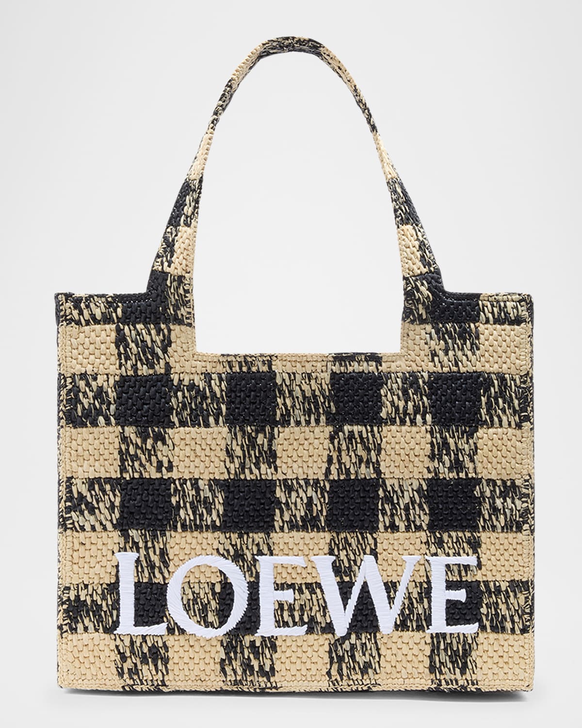 Loewe Large Tote Bag In Gingham Raffia In Naturalblack