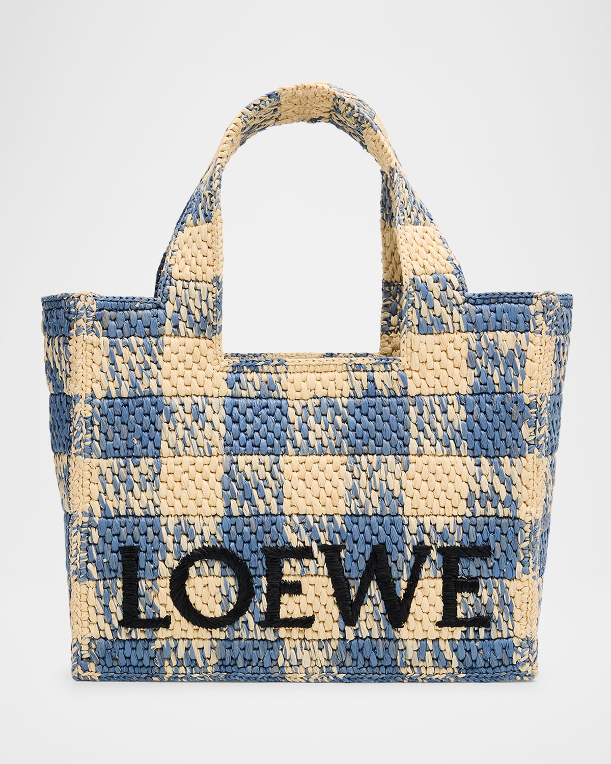 Loewe Small Tote Bag In Gingham Raffia In Naturallight Blue