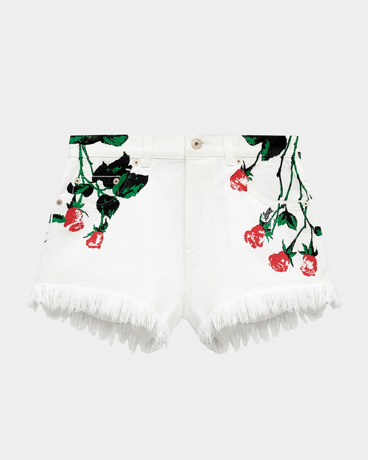Loewe Flower-print Fringed Peekaboo Denim Shorts