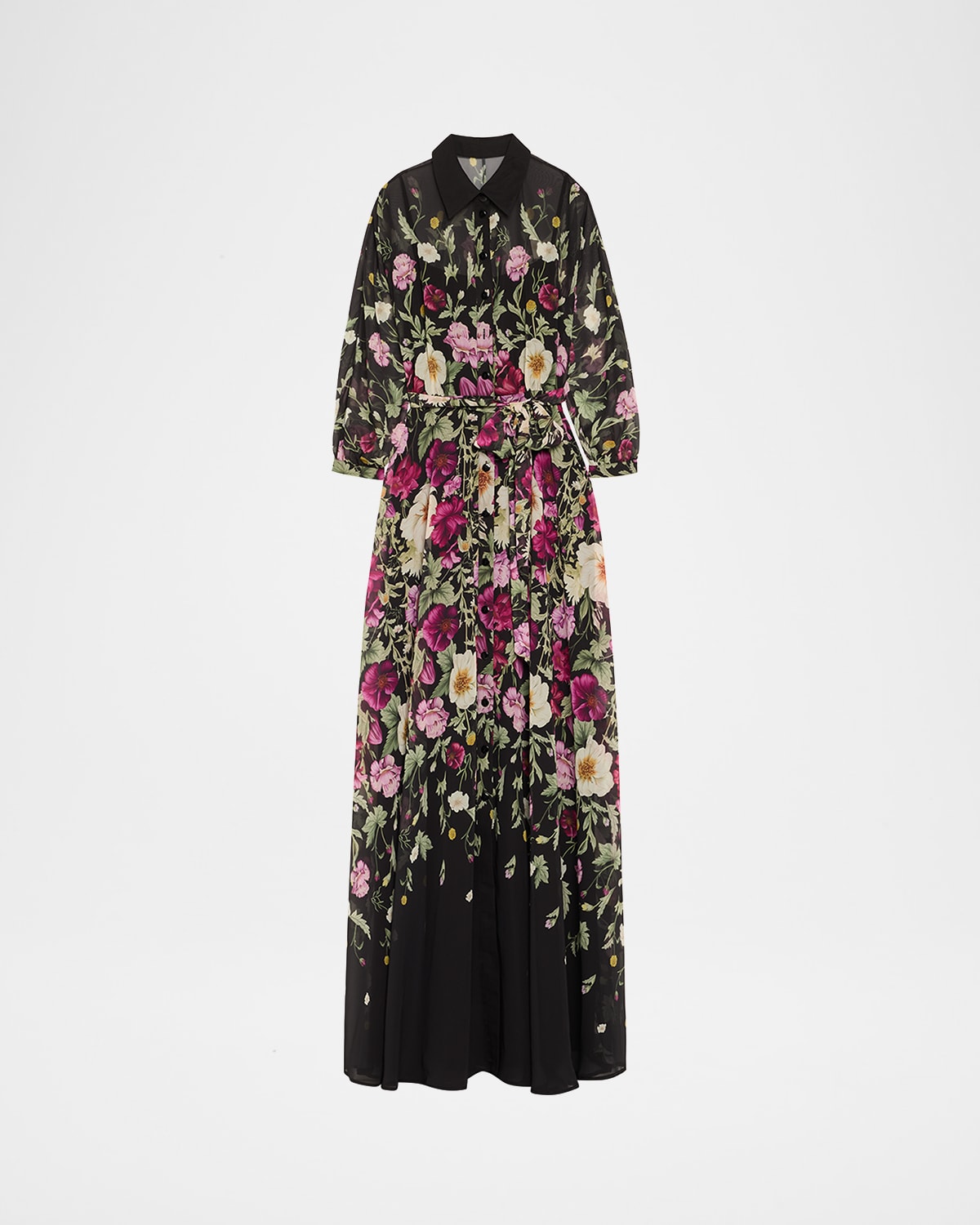 Rickie Freeman For Teri Jon Floral-print Chiffon Shirt Gown In Multi