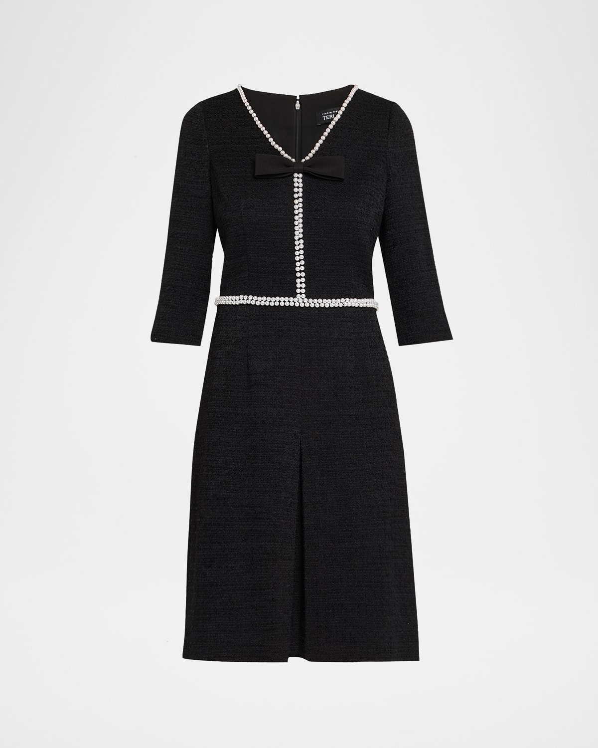 Rickie Freeman For Teri Jon Bouclé V-neck Beaded Bow Midi Dress In Black