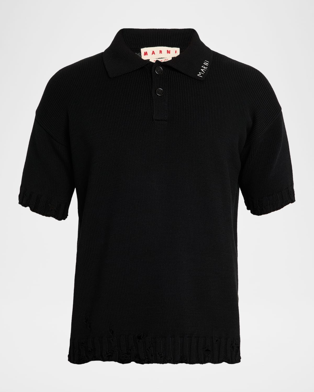 Marni Men's Dishevelled Logo-collar Knit Polo Shirt In Black