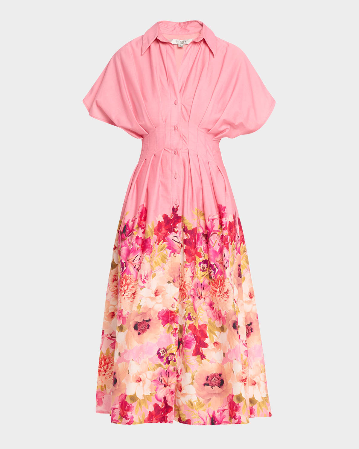 Badgley Mischka Pleated Floral-print Midi Shirtdress In Pink