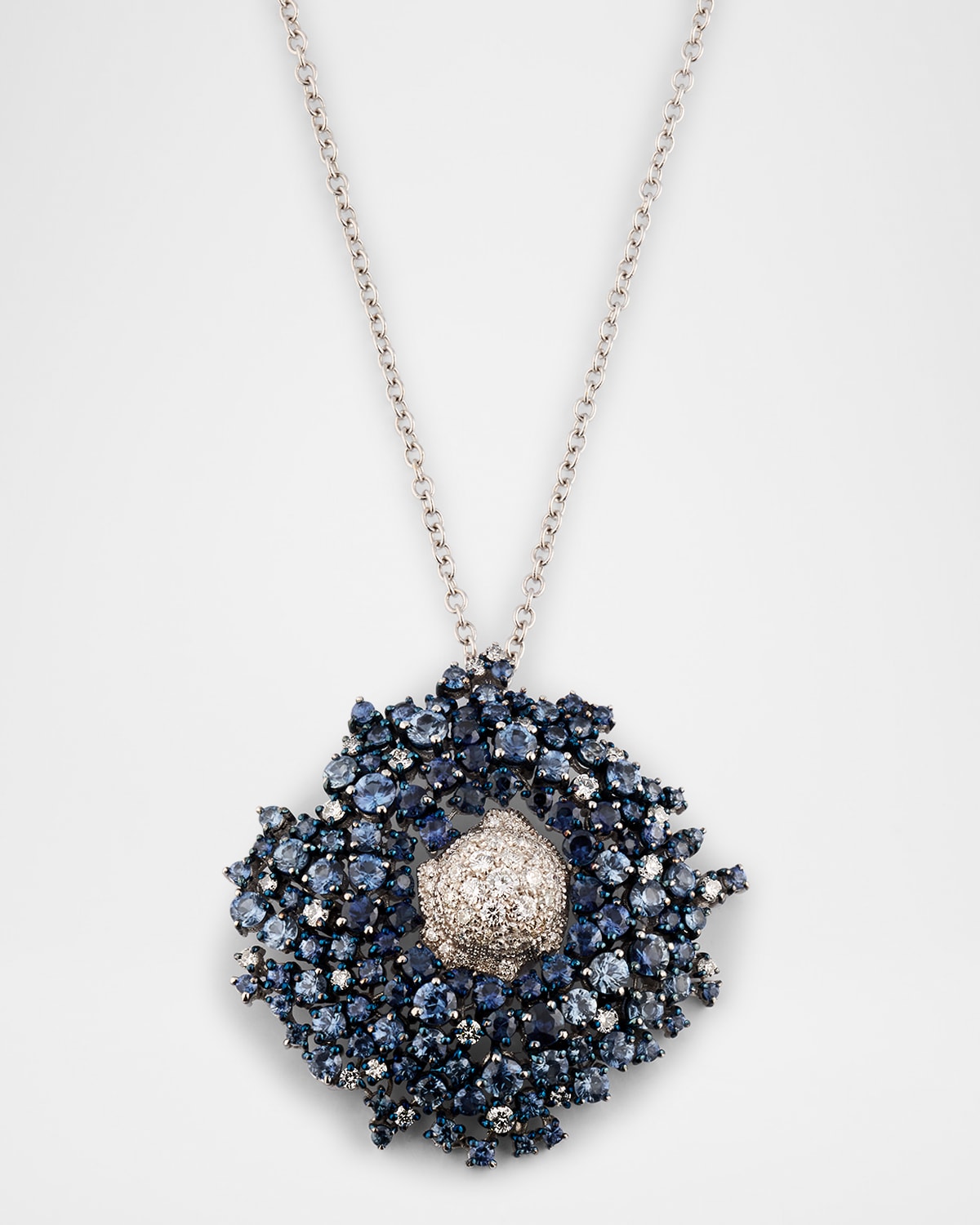 18K White Gold Cluster Pendant Necklace with White Diamonds and Blue Sapphires