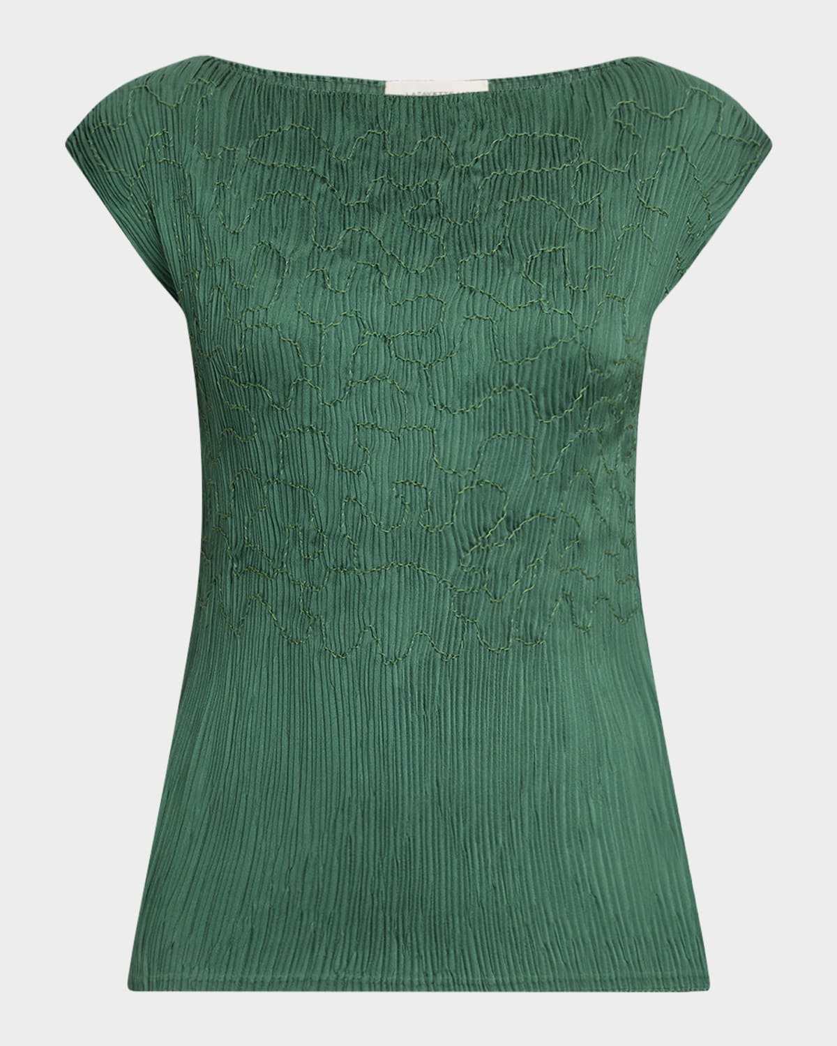Cap-Sleeve Embroidered Plisse Blouse