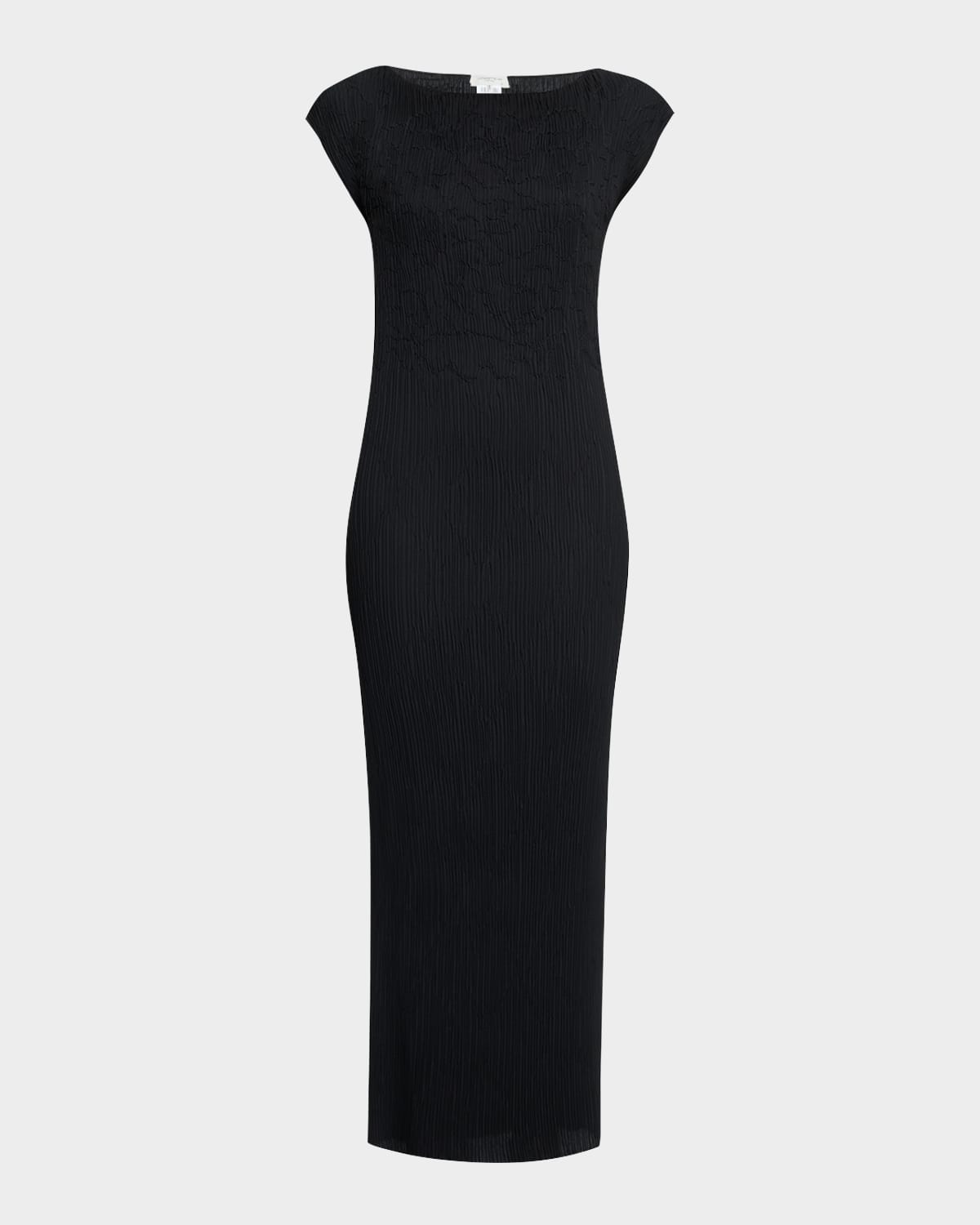 Cap-Sleeve Embroidered Plisse Maxi Dress