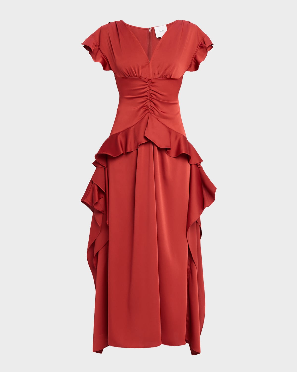 Aknvas Danielle Draped Ruffle Satin Dress In Brown