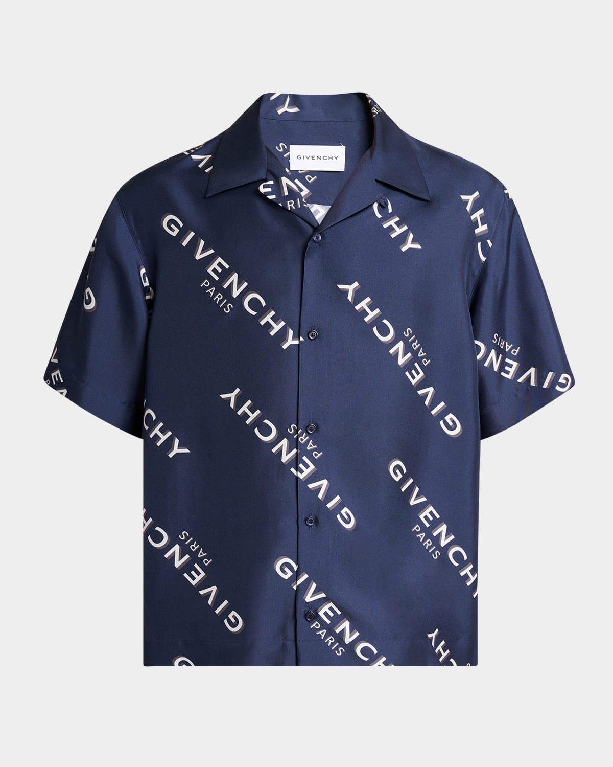 Givenchy Men's Silk All-over Logo Bowling Shirt In Blue