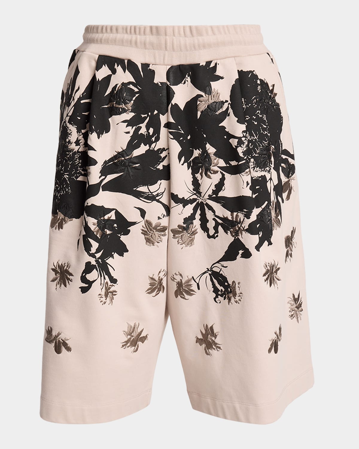 Dries Van Noten Men's Hatoy Cotton Floral Embroidered Long Pull-on Shorts In Neutral