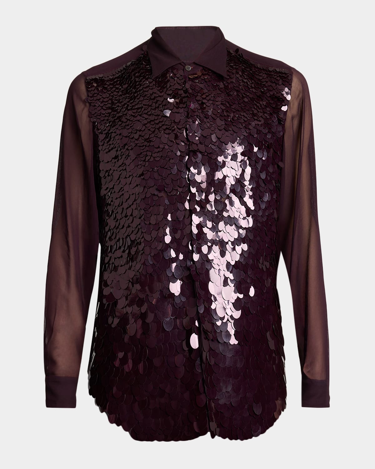 Dries Van Noten Men's Curles Sheer Sequin-Embellished Dress Shirt