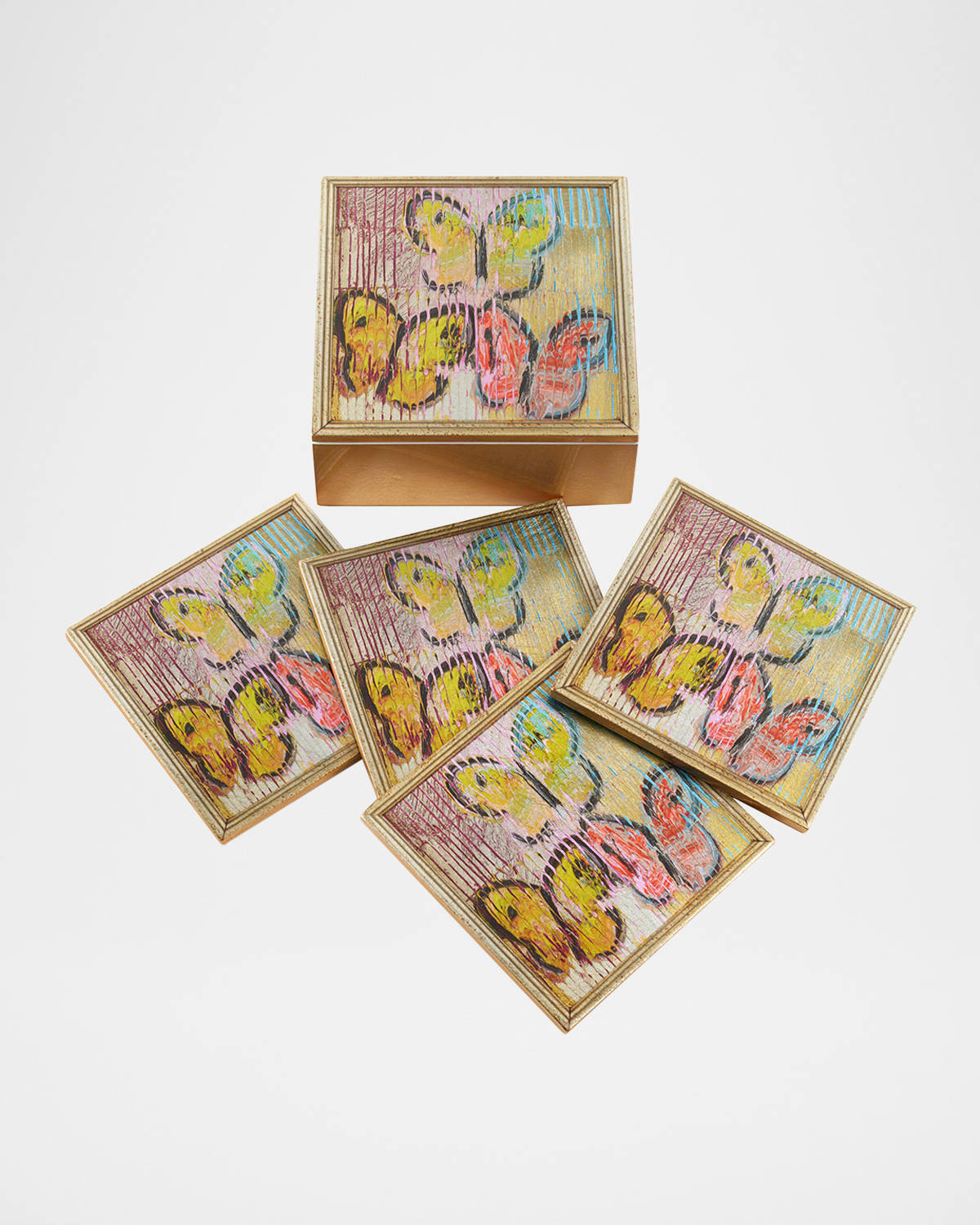 Hunt Slonem Lakeside Butterflies Gold Leaf Coaster Box, Set Of 4 In Multi Color