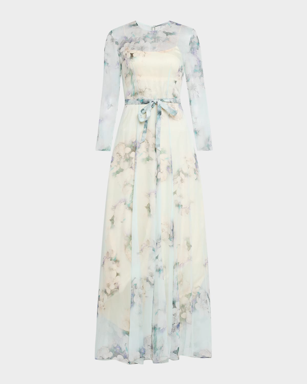 Alberta Ferretti Floral-print Chiffon Long-sleeve Maxi Dress In White
