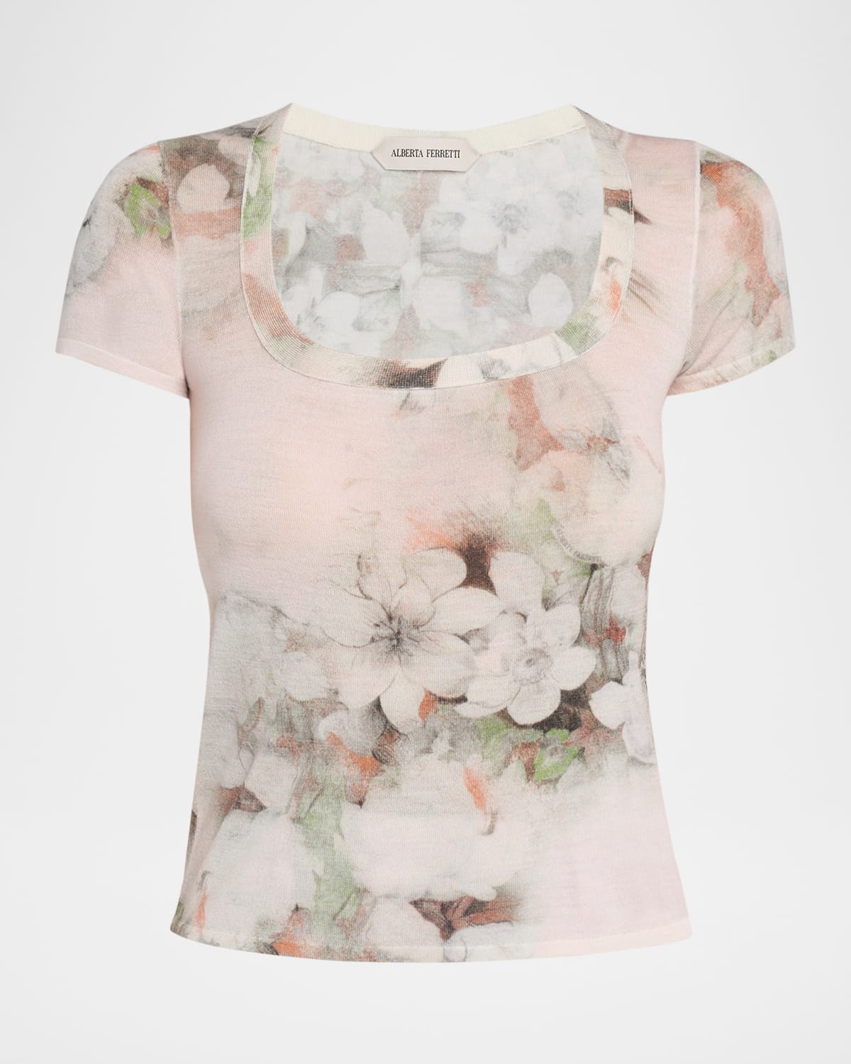 Alberta Ferretti Floral-print Lightweight Merino Wool Short-sleeve Sweater In Animal Print