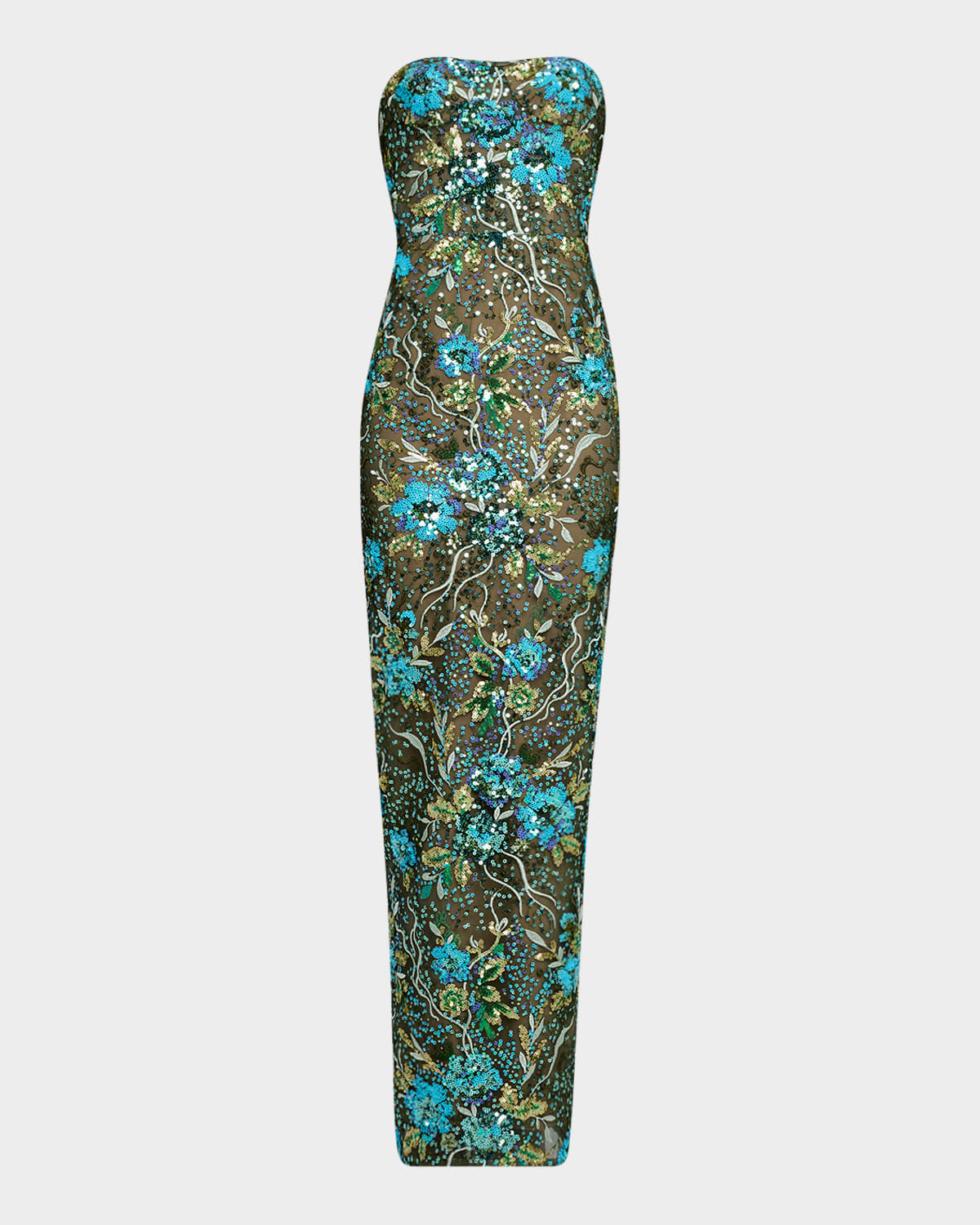 BRONX AND BANCO DAHLIA STRAPLESS FLORAL SEQUIN COLUMN GOWN 