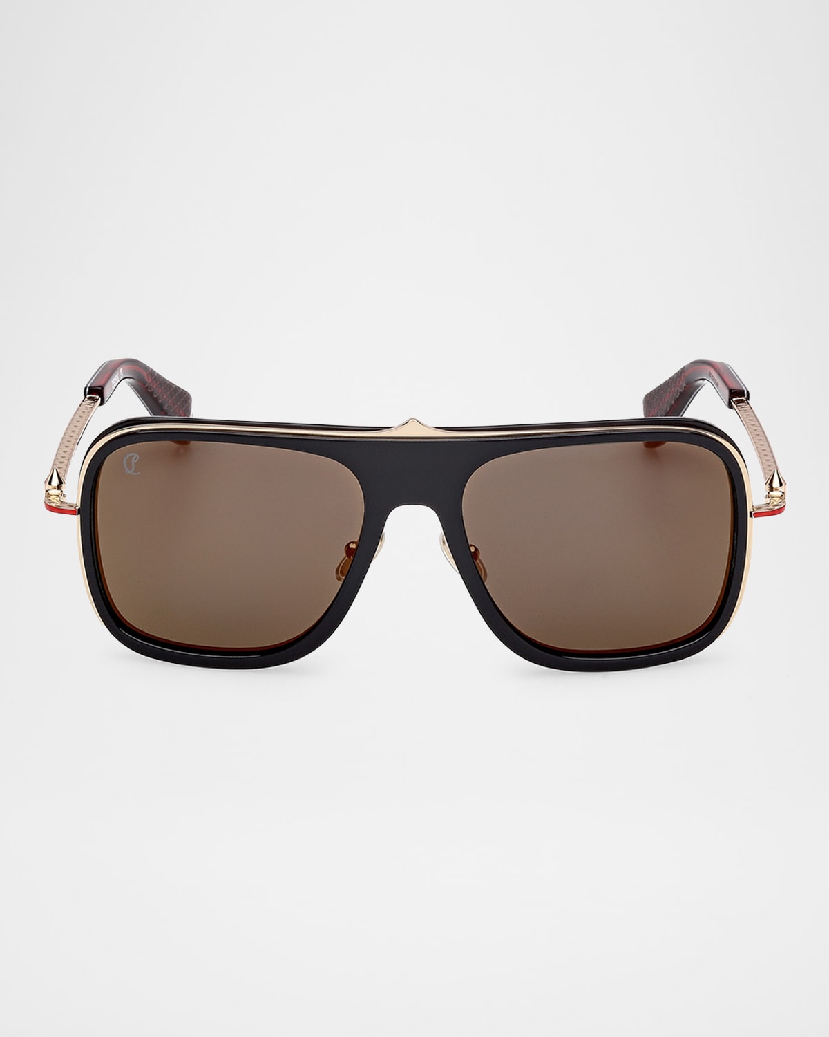 Christian Louboutin Men's Lb0013m Metal Aviator Sunglasses In Shiny Black Pale Gold Red Enamel Smoke Red Flash Lens