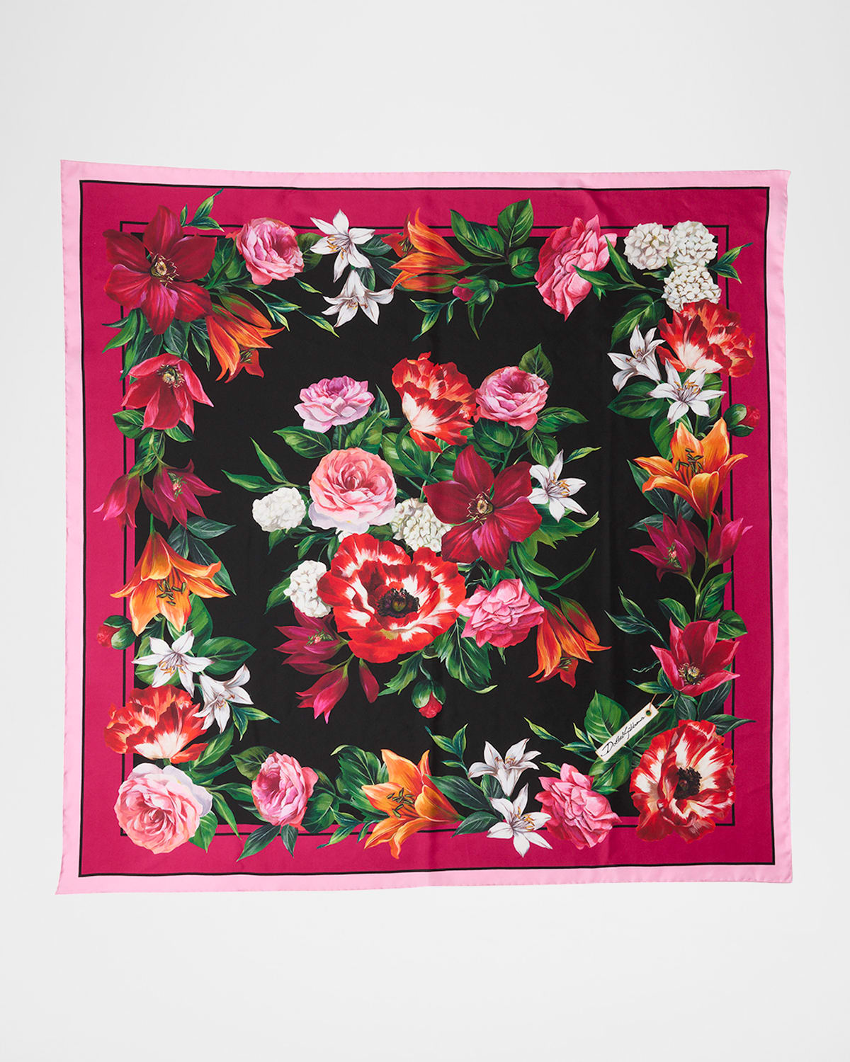 Dolce & Gabbana Floral Foulard Silk Scarf In Black