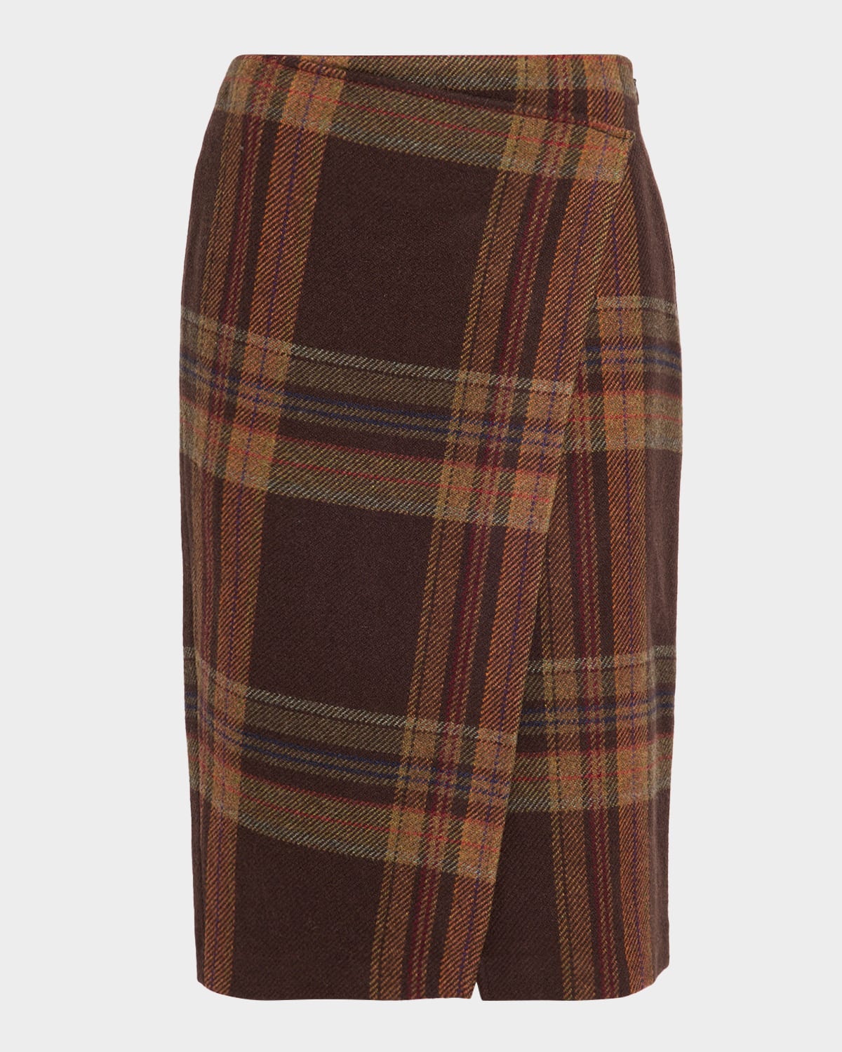 Polo Ralph Lauren Plaid Tweed Faux Wrap Midi Skirt In Burgundy