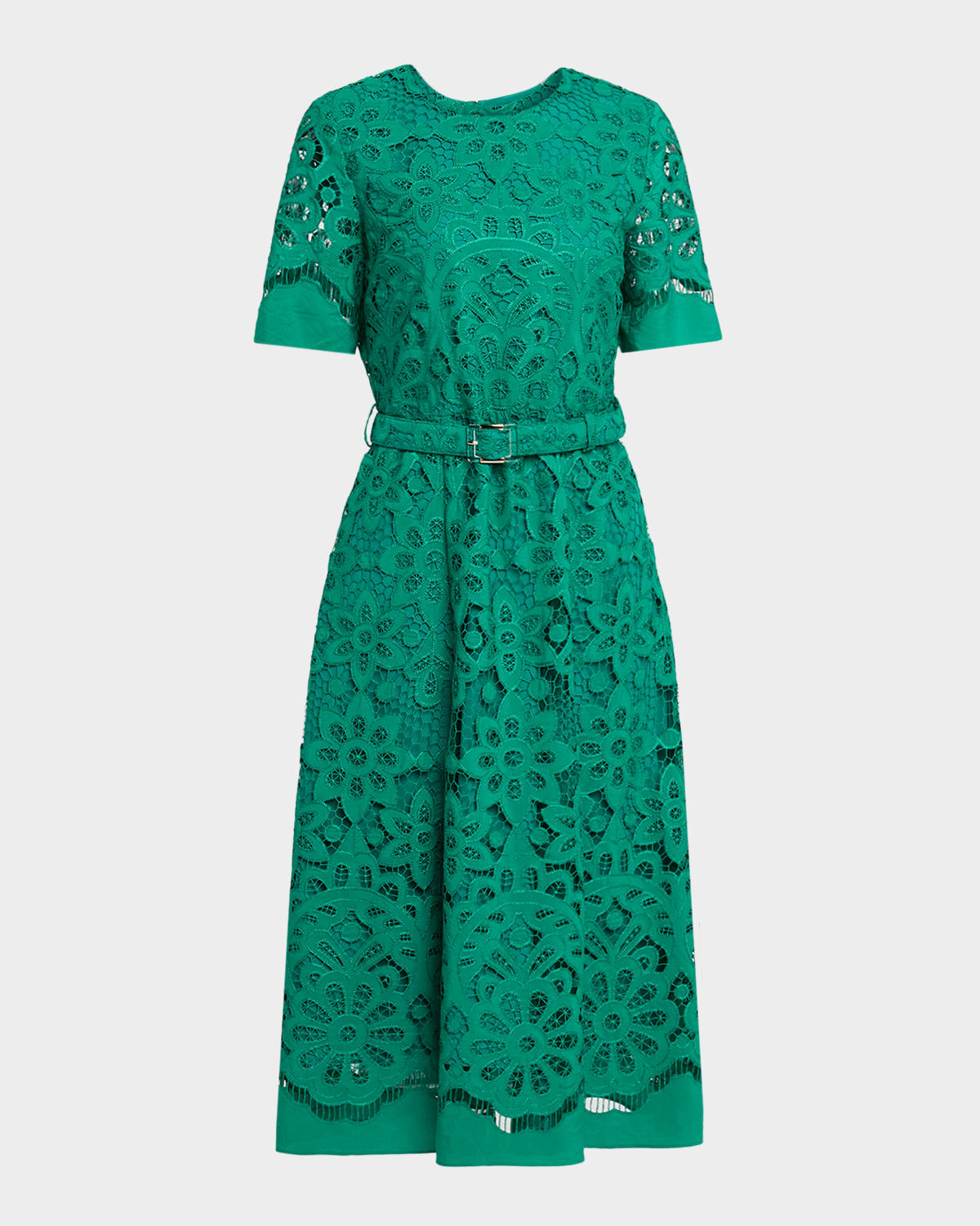 The Gaia Belted Floral Lace Midi Dress
