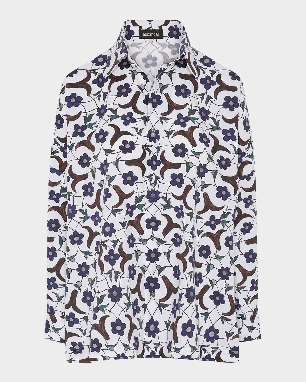 Eskandar Cotton Buds Flowers Tile-print Wide Longer-back Shirt With Collar (mid Plus Length) In Multi