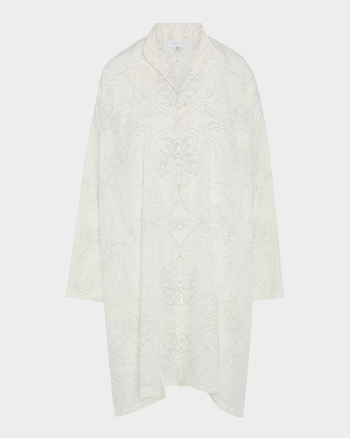 Eskandar Tile-print Ottoman Wide A-line Collarless Shirt With Slits (very Long Length)