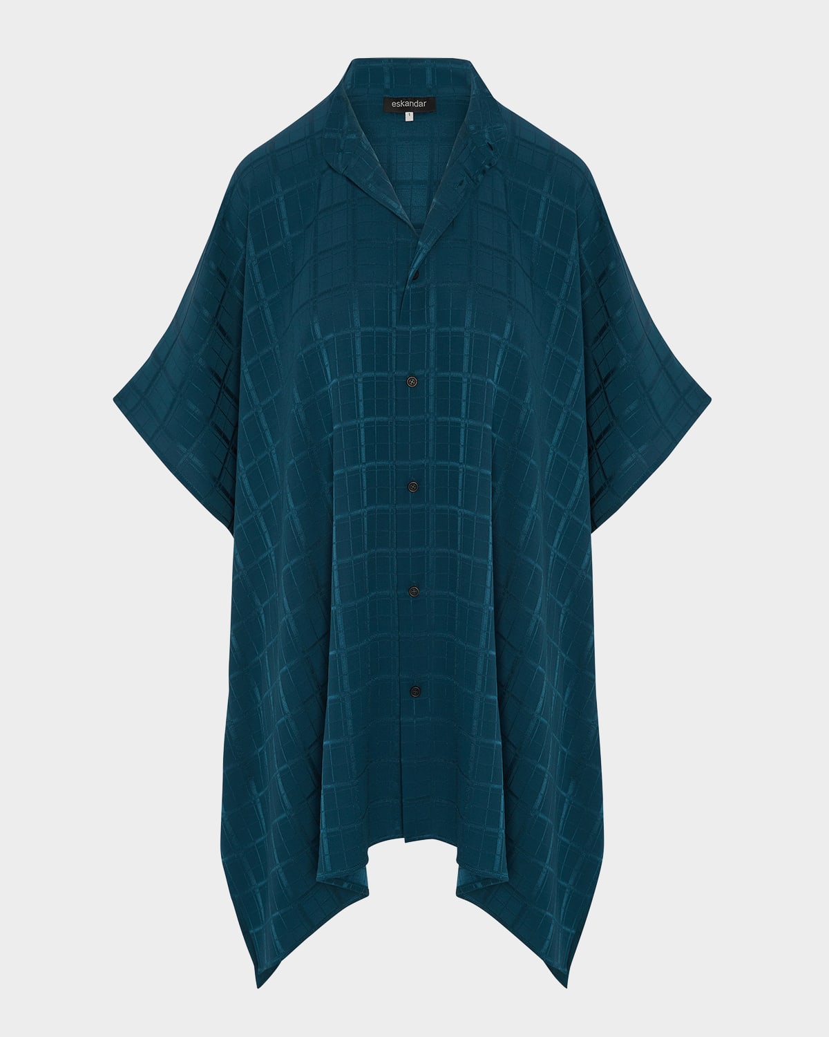 Eskandar Satin Box Check Jacquard Collarless Longer-back Kaftan Shirt (long Plus Length)