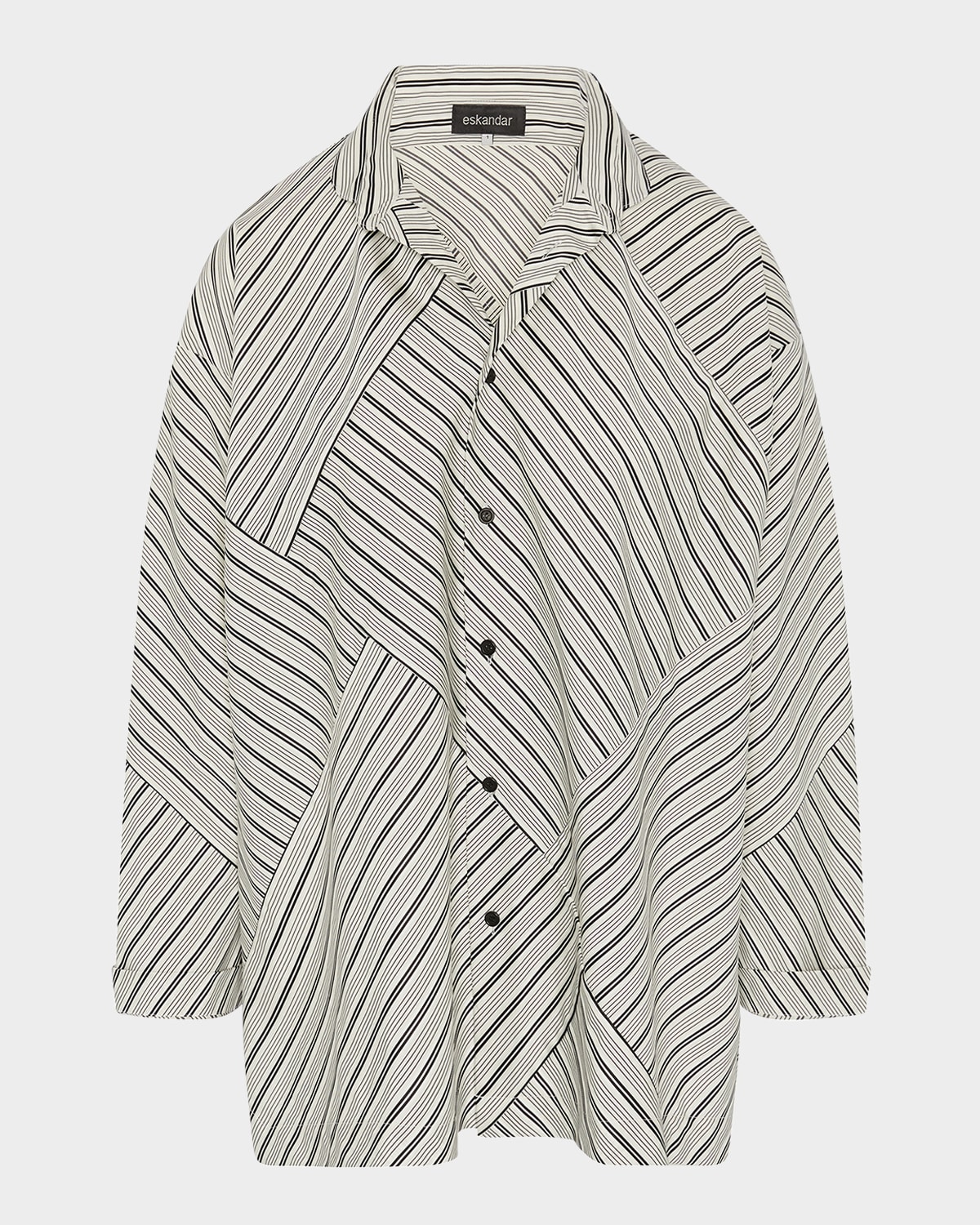 Eskandar Raised Twist Stripe Patchwork Slim A-line Double Stand-collar Shirt With Stepped Insert (long Length