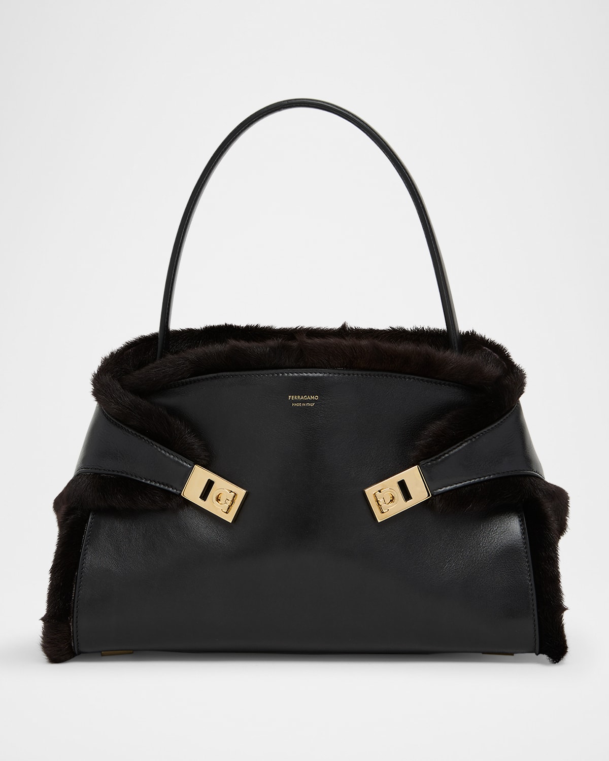 Ferragamo Hug Leather & Shearling Shoulder Bag In Black