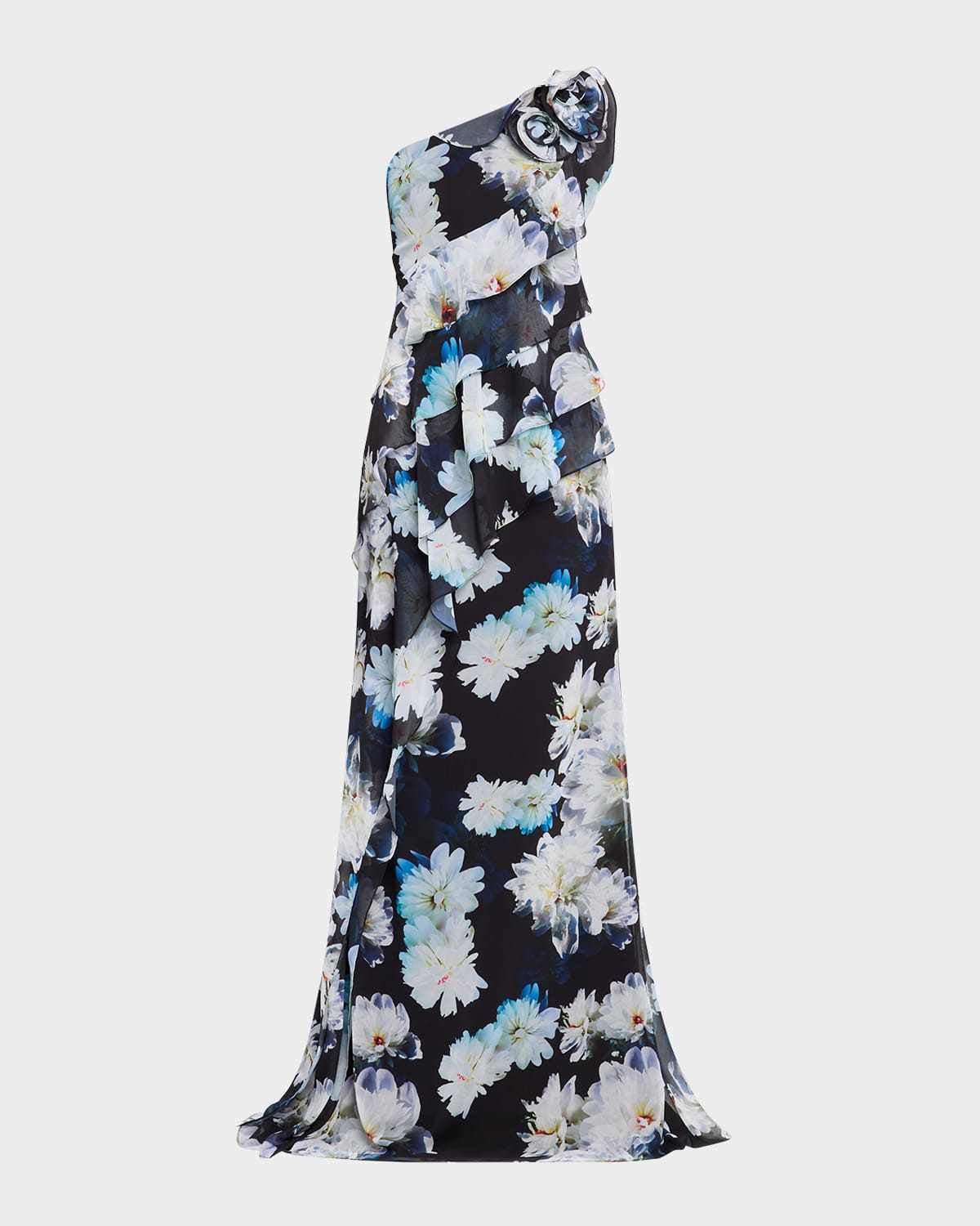 Rickie Freeman For Teri Jon One-shoulder Ruffle Chiffon Gown In Black Mult