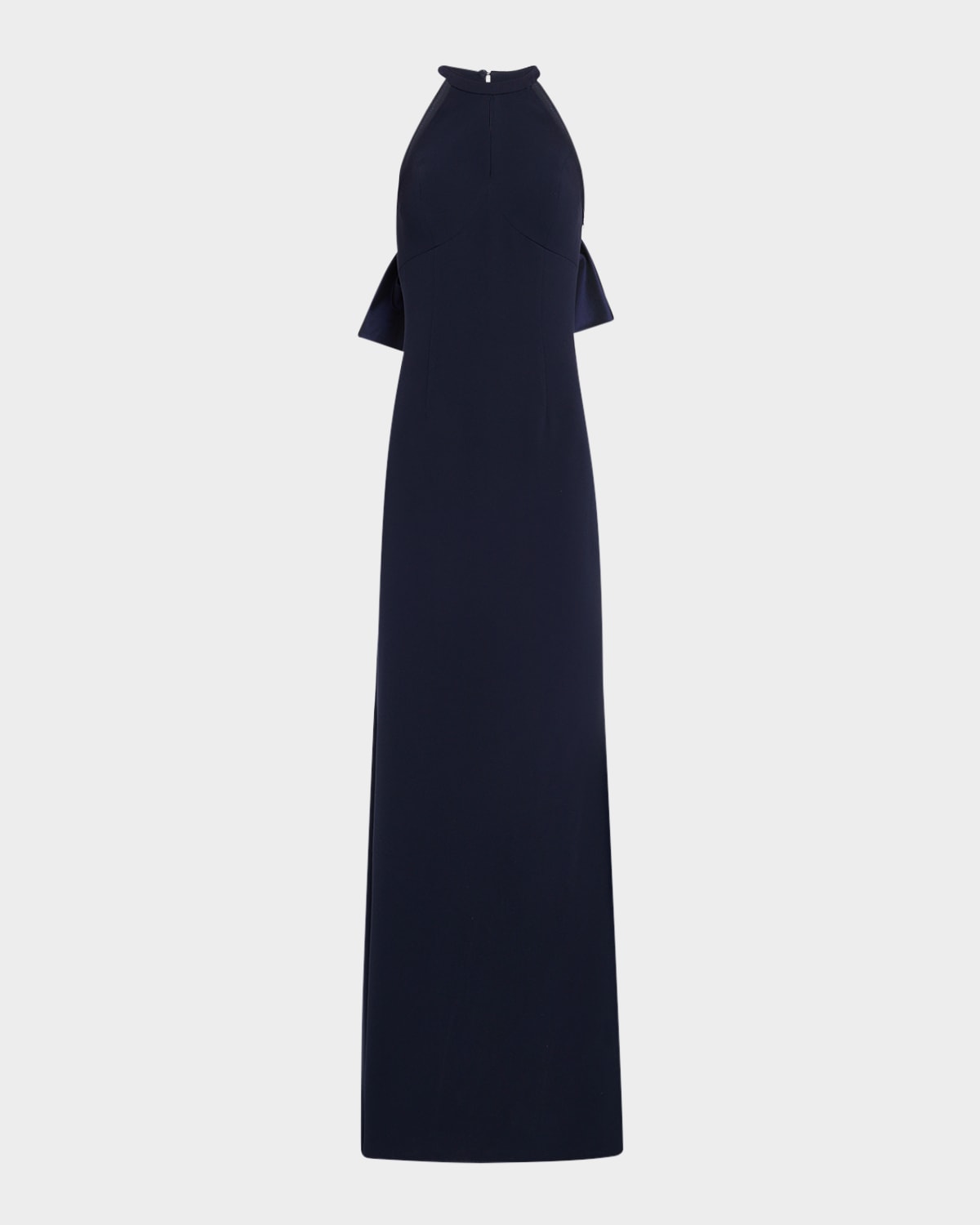 Rickie Freeman For Teri Jon Bow-back Crepe Halter Column Gown In Navy