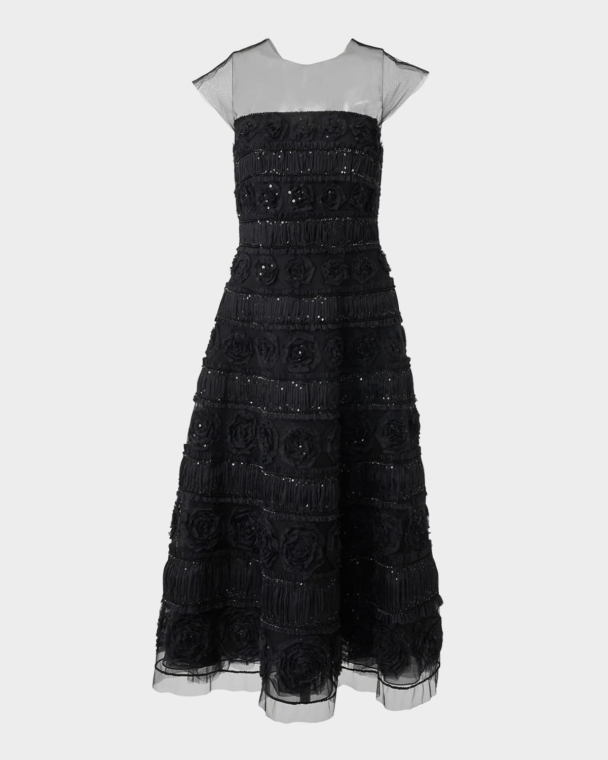 Carolina Herrera Rose Embroidered Cap-sleeve Illusion Midi Dress In Black
