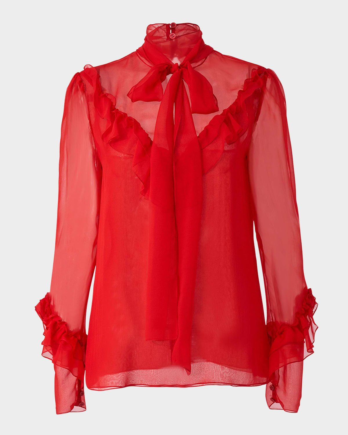 Carolina Herrera Bow Turtleneck Ruffled Silk Top In Red