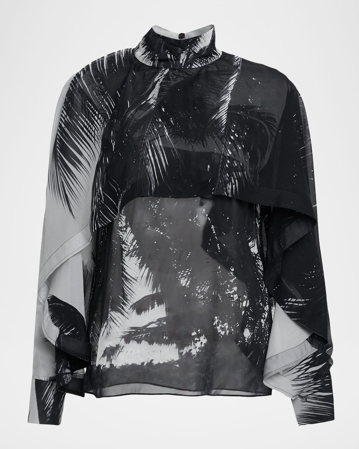 Ferragamo Palm-print Silk Chiffon Cape Blouse In Black