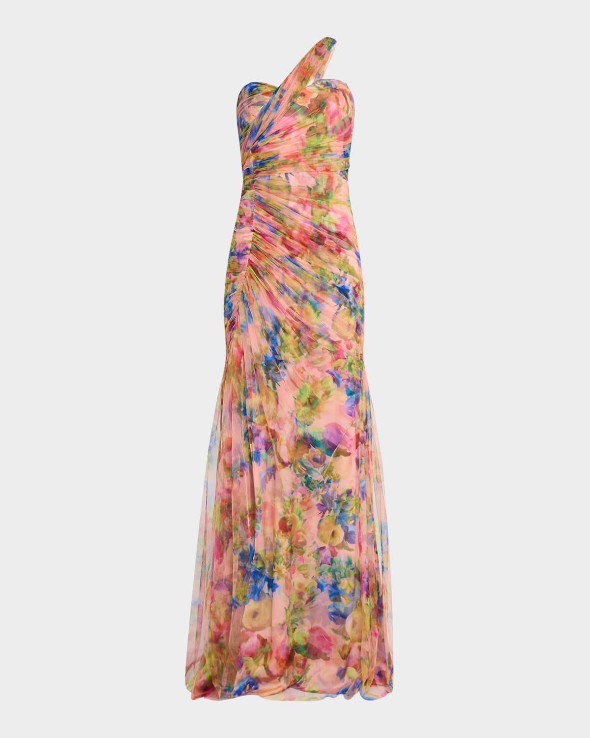 Theia Macie Ruched Floral-print Tulle Gown