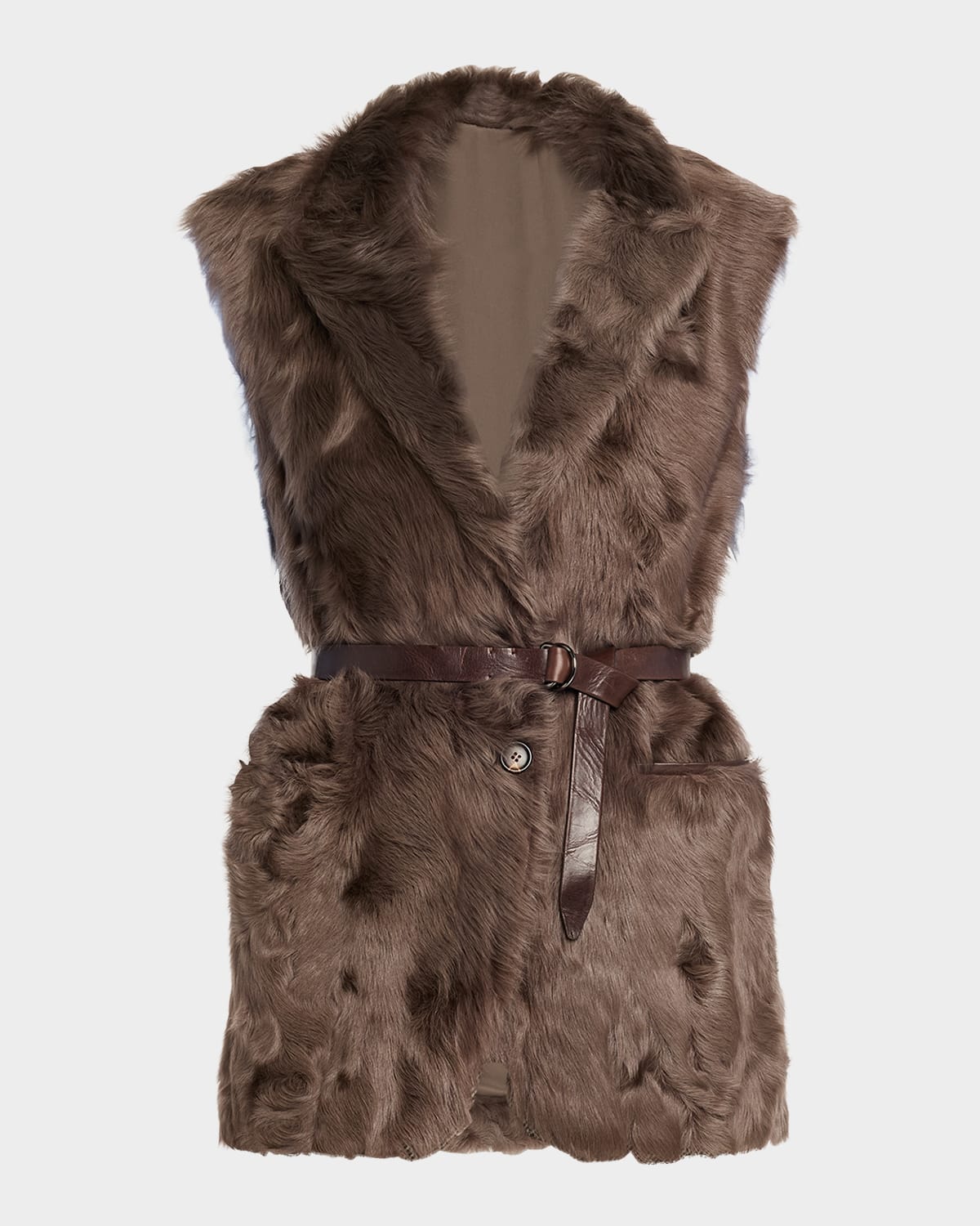 Brunello Cucinelli Capretta Lamb Shearling Belted Vest In Brown