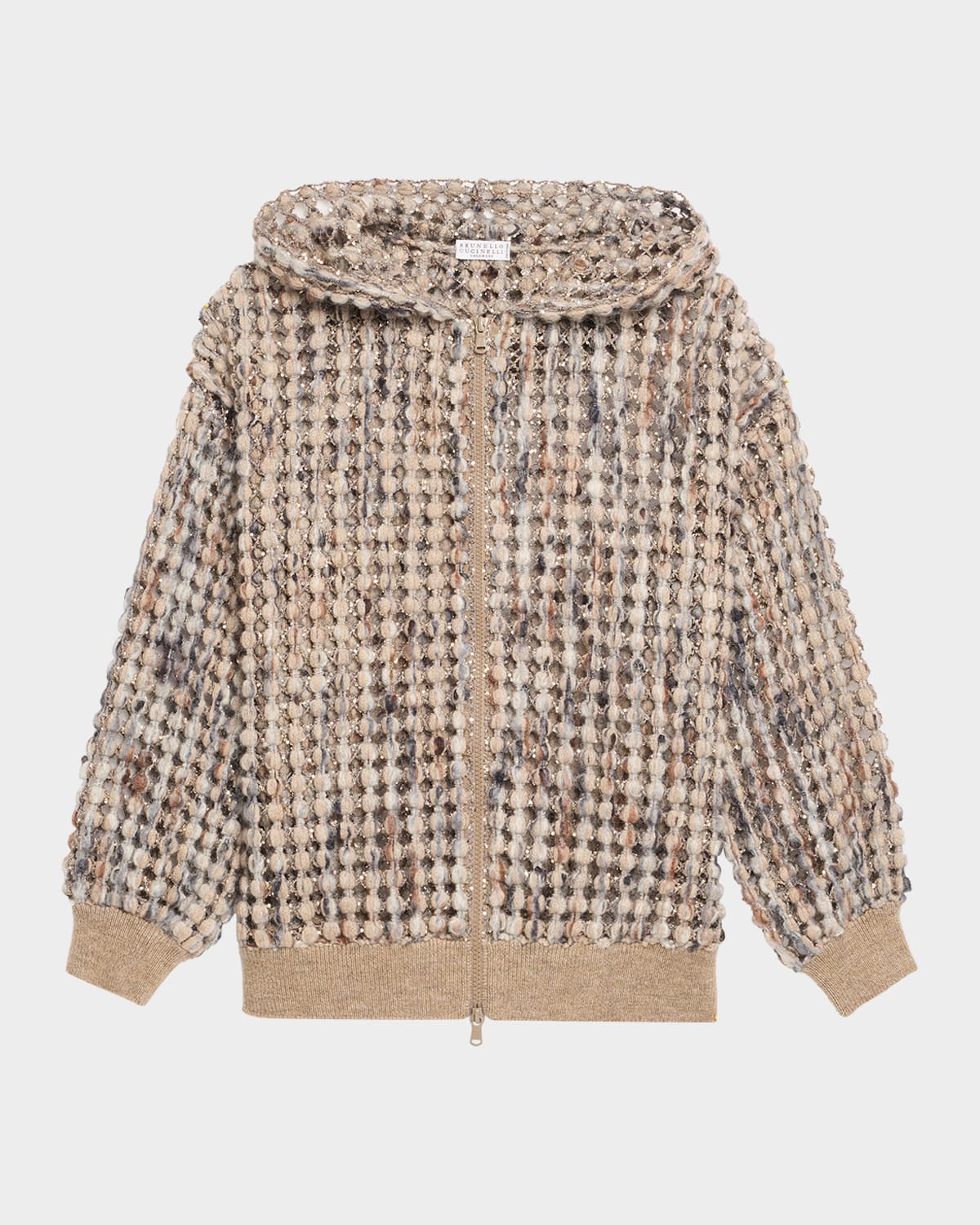Brunello Cucinelli Pailette Wool-cashmere Net Balloon-sleeve Zip Hoodie In Multi
