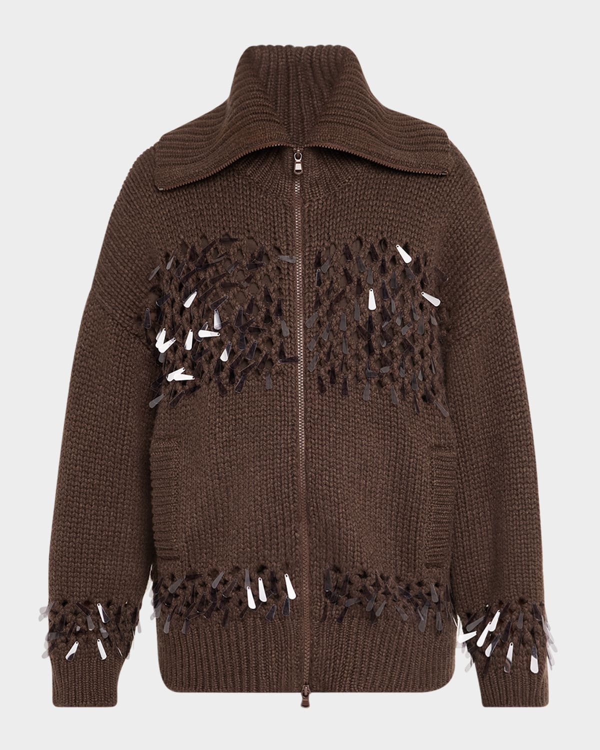 Brunello Cucinelli Sequined Net Stitch Cashmere Zip Cardigan In Brown