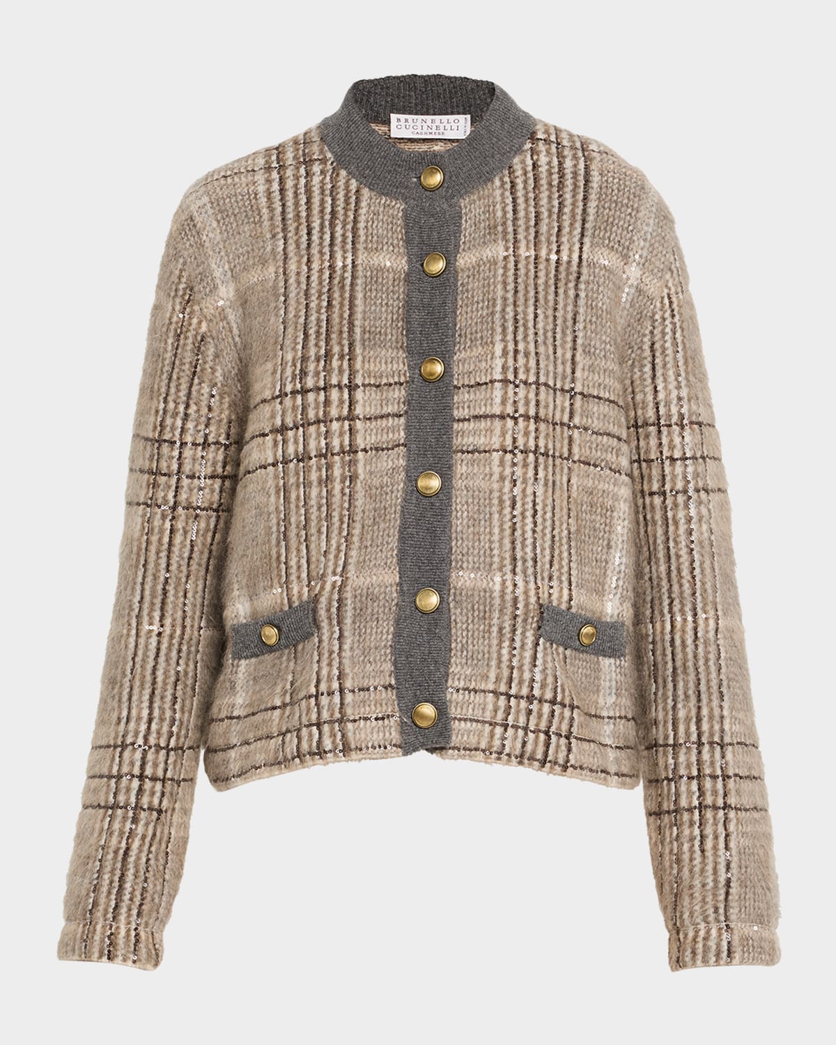 Brunello Cucinelli Cashmere-mohair Paillette Check Jacquard Cardigan In Gray